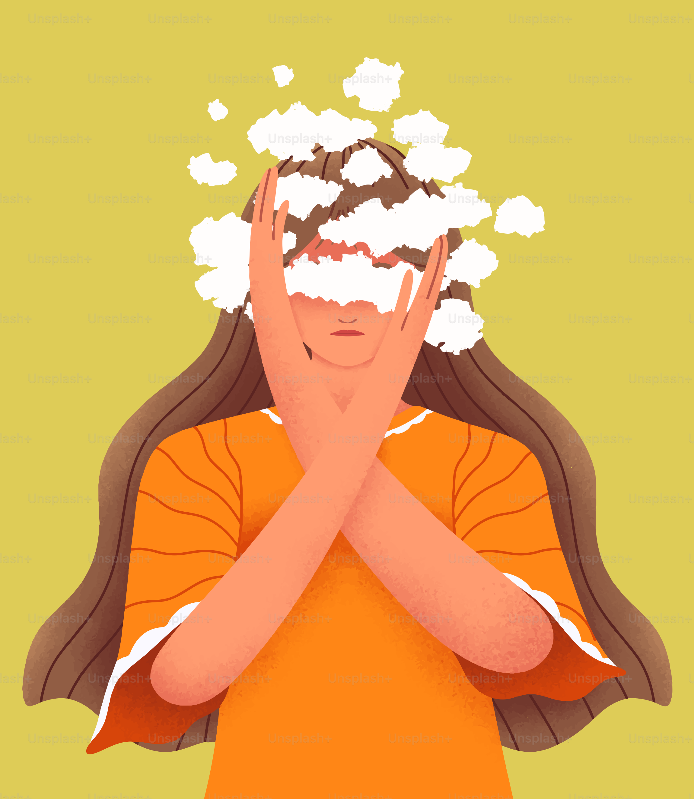 Femme avec des nuages cachant son visage et les bras croisés