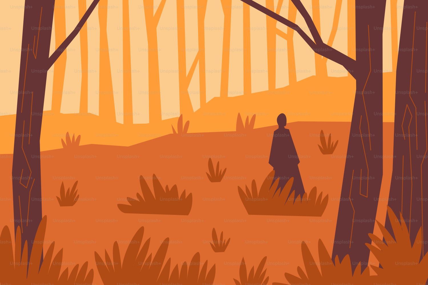 Una figura solitaria cammina attraverso una foresta dalle tonalità calde.