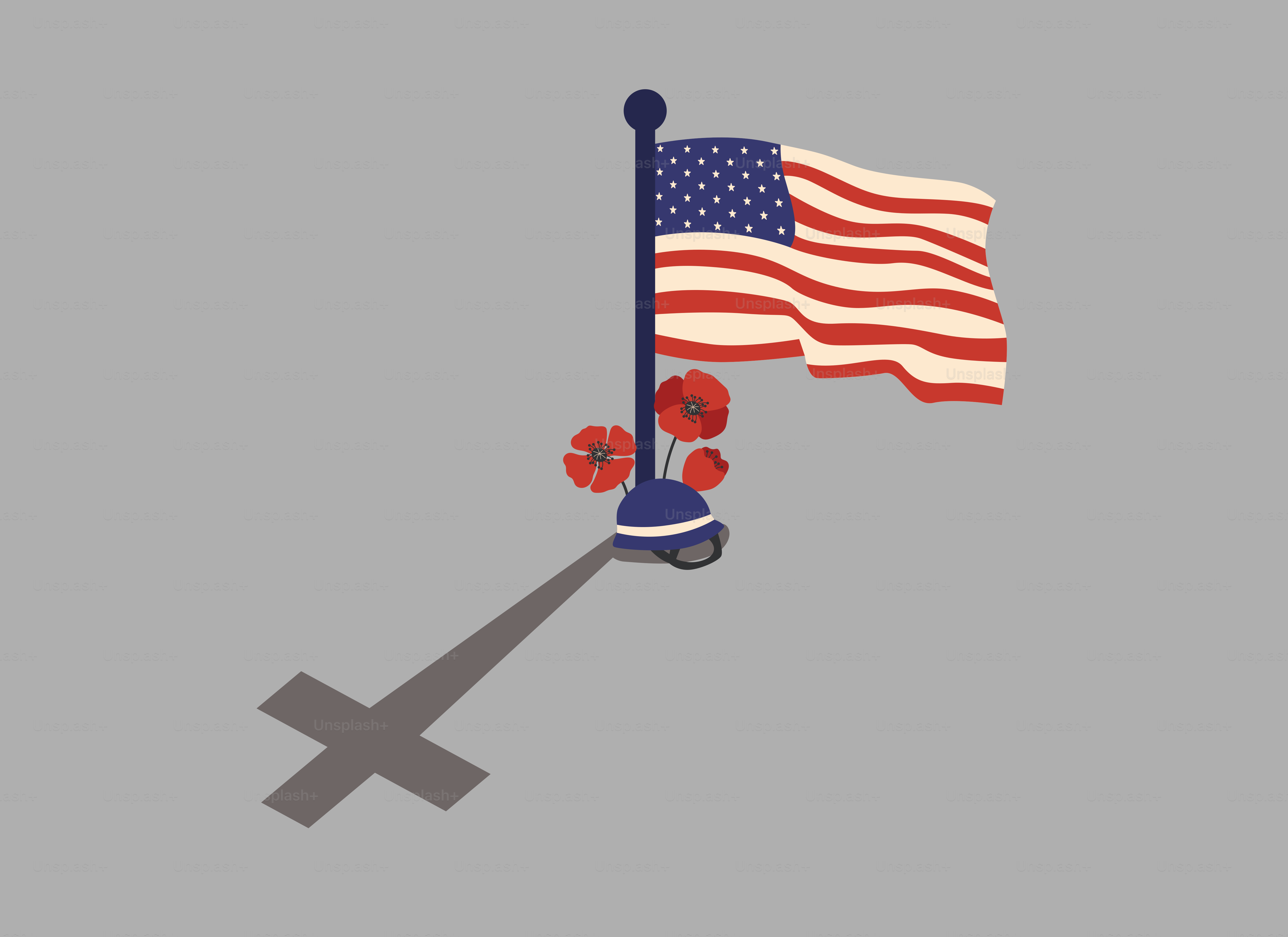 La bandera estadounidense con amapolas proyecta una sombra cruzada