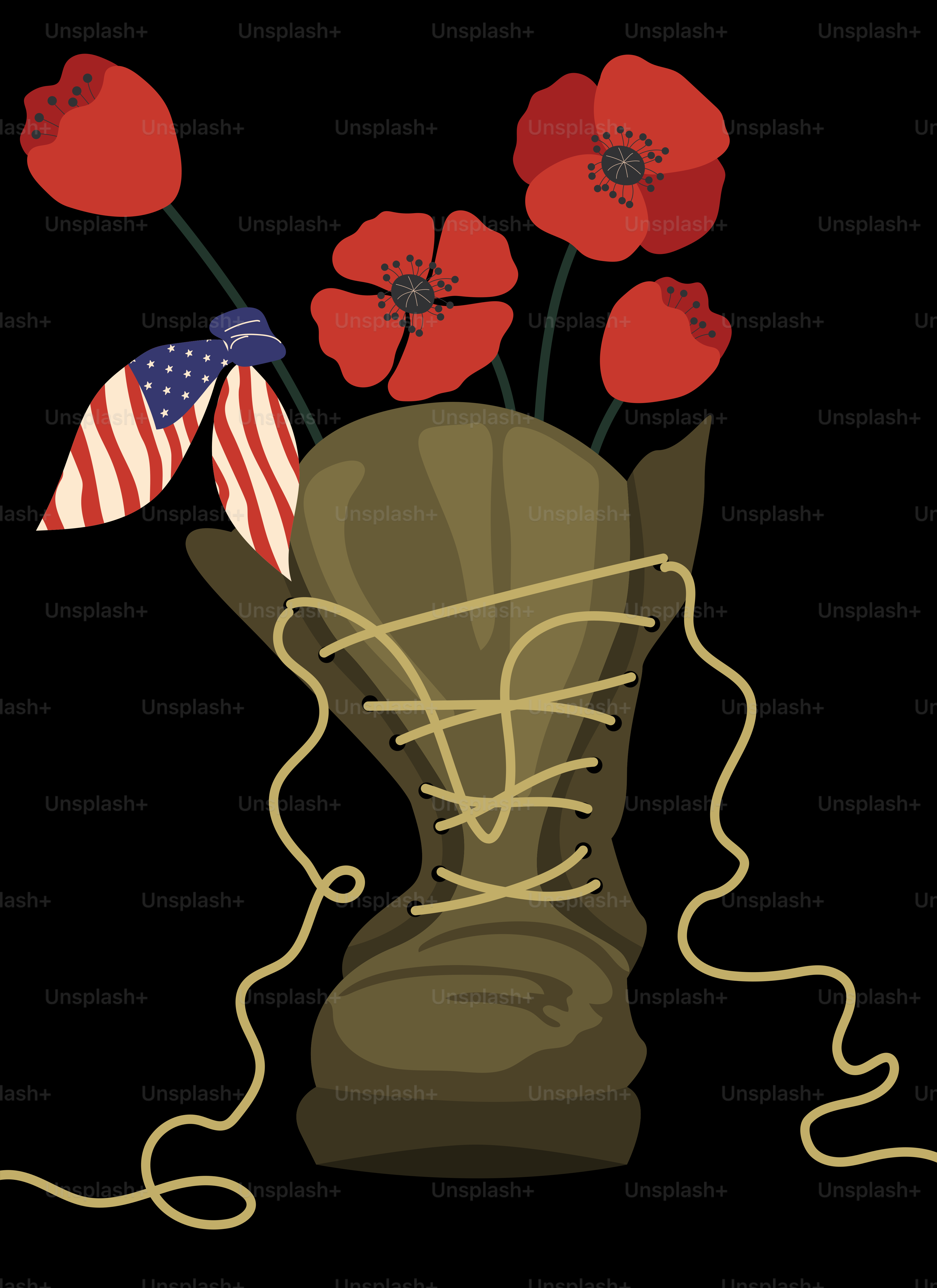 Amapolas y bandera estadounidense en una bota militar