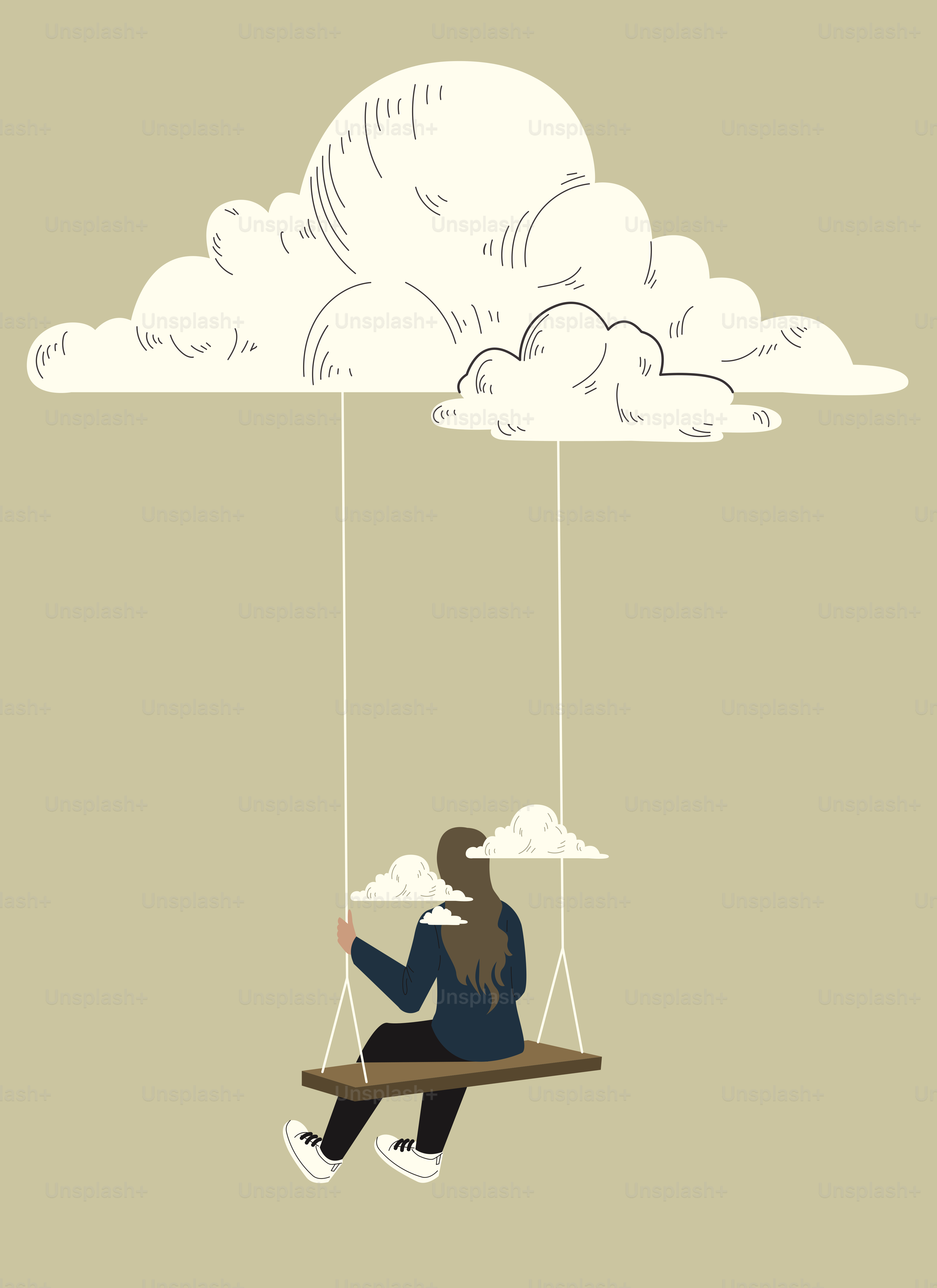 Mujer en el columpio bajo las nubes, soñando