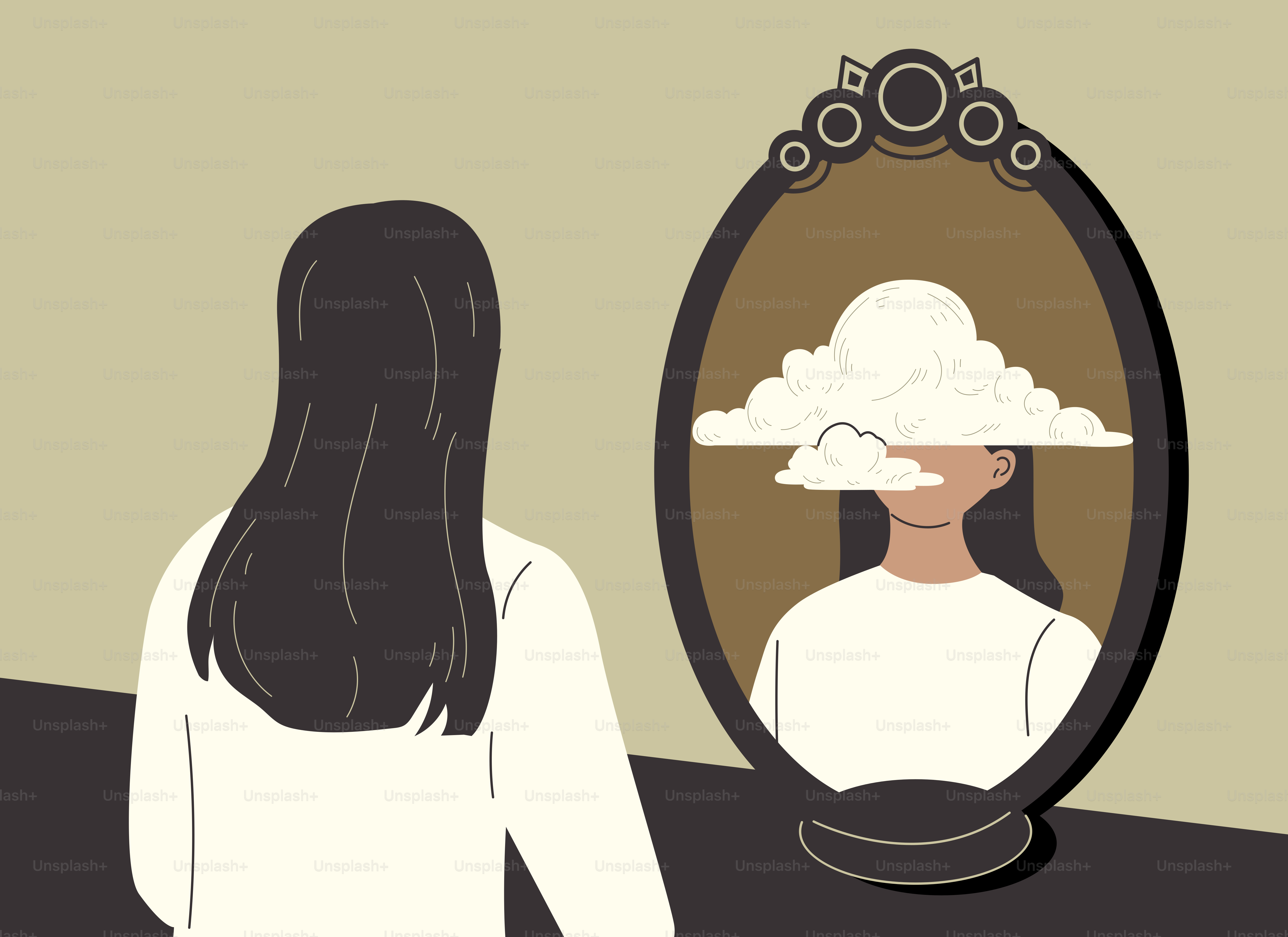 Mujer ve nubes que ocultan el reflejo en el espejo