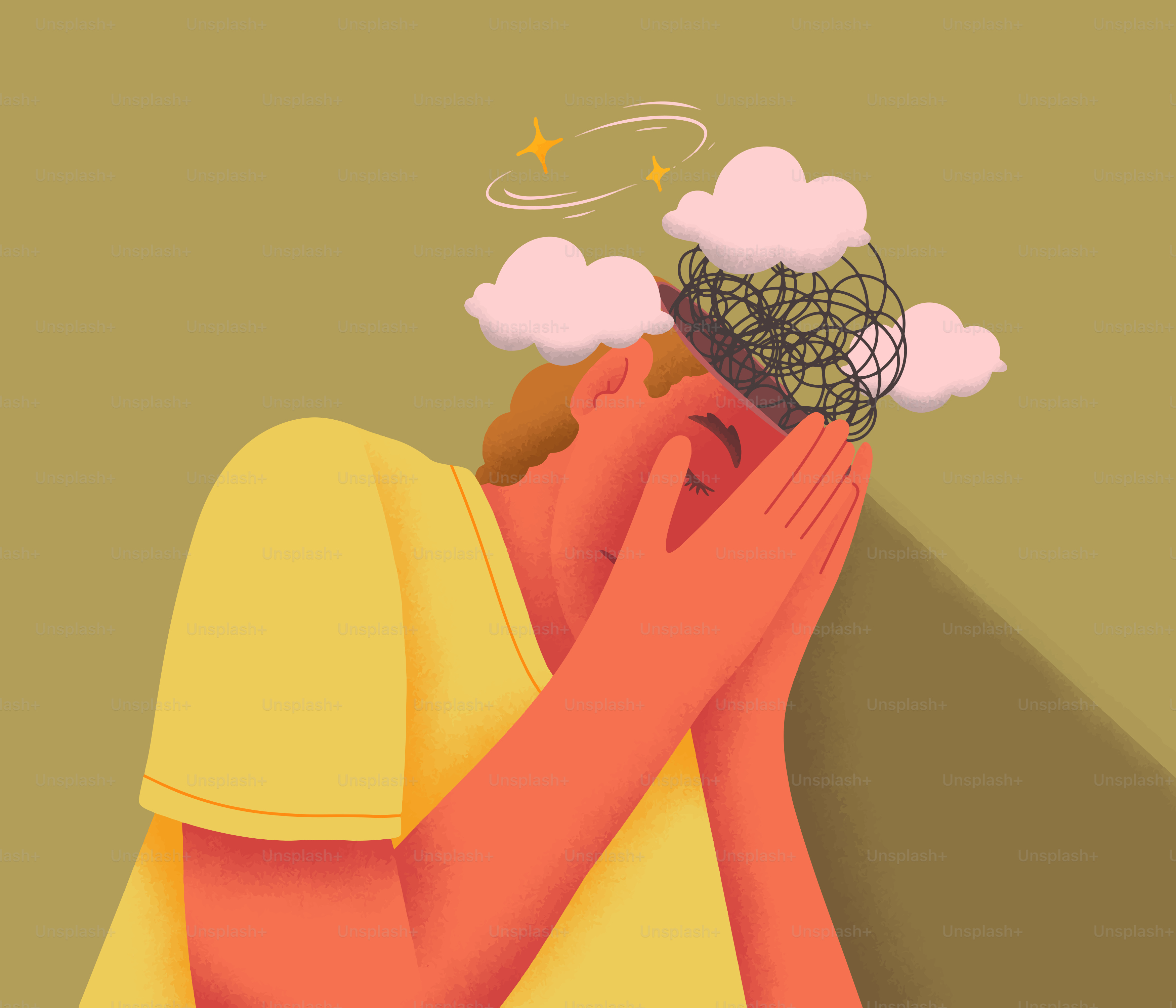 Personne qui couvre le visage de pensées tourbillonnantes au-dessus de la tête