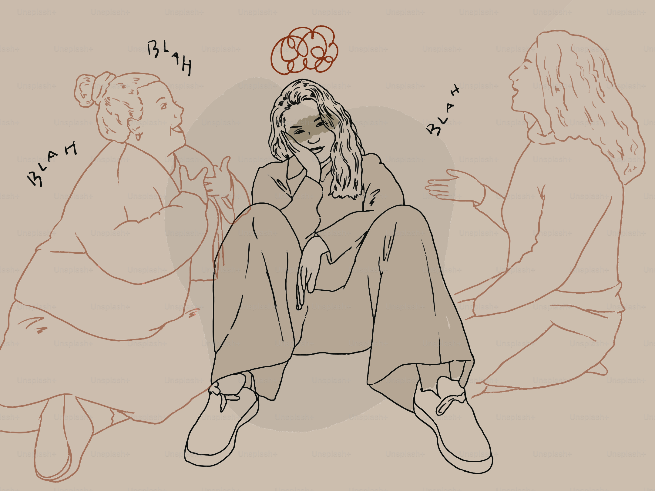 Woman overwhelmed by people talking around her.