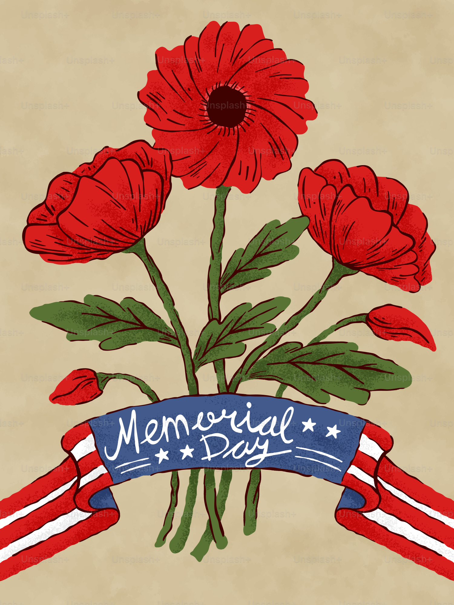 Red poppies with a memorial day ribbon