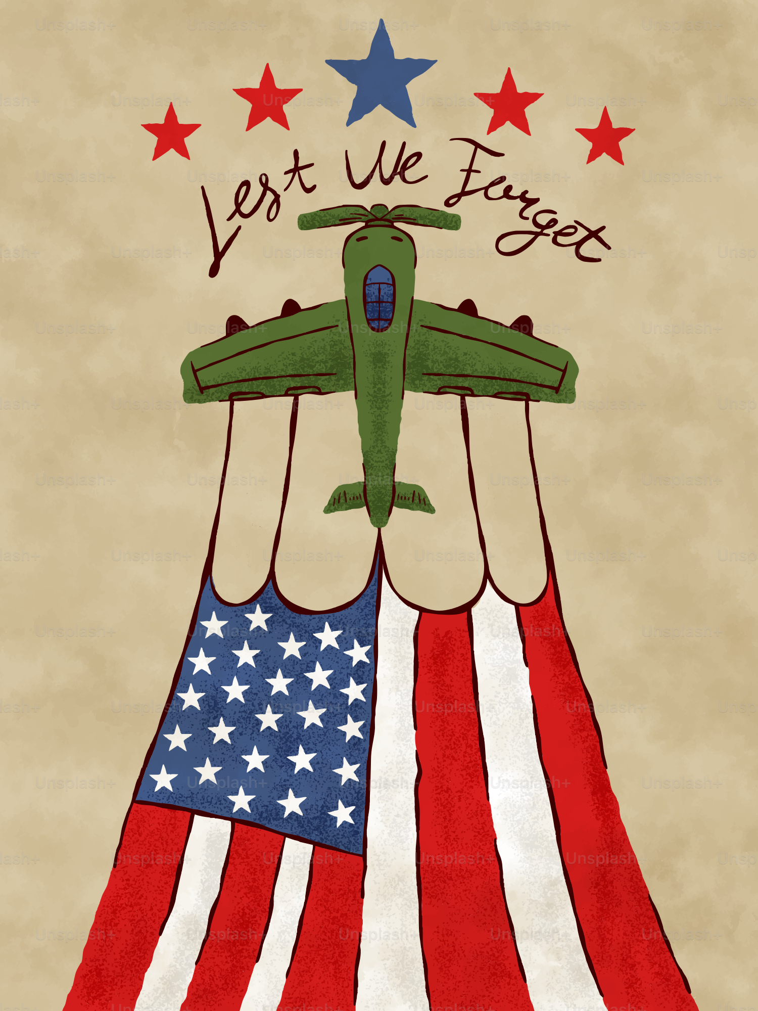 Airplane with american flag and "lest we forget" text.