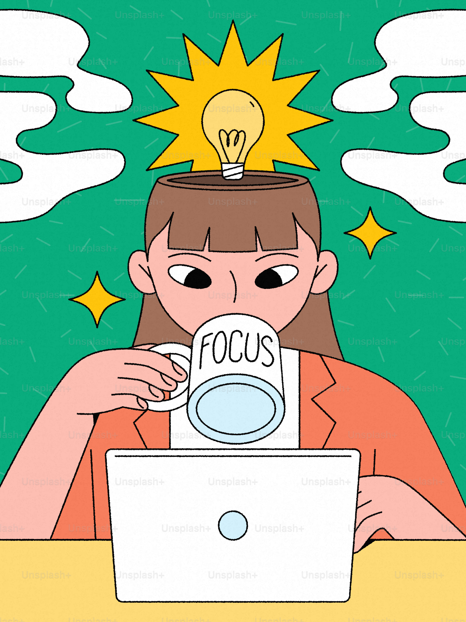 Woman drinking from mug with "focus" while working on laptop.