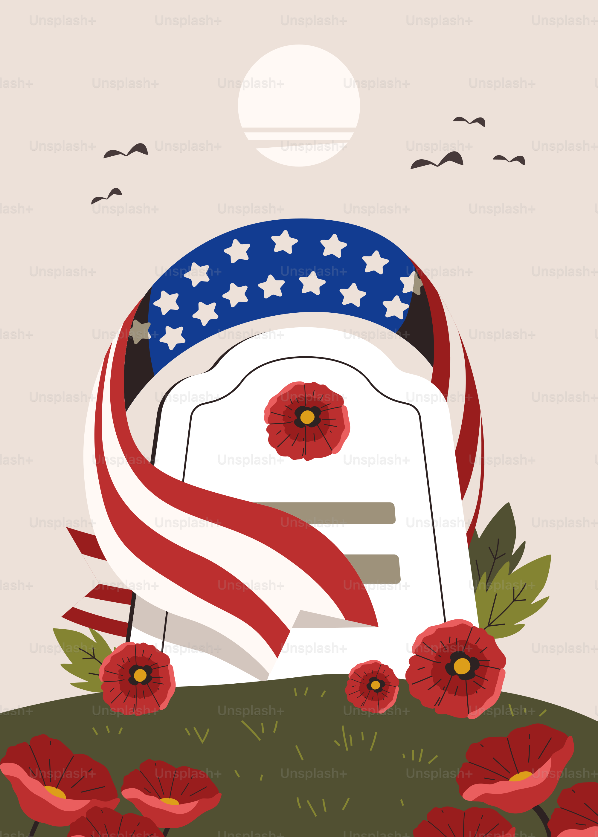 Lápide com bandeira americana e papoulas