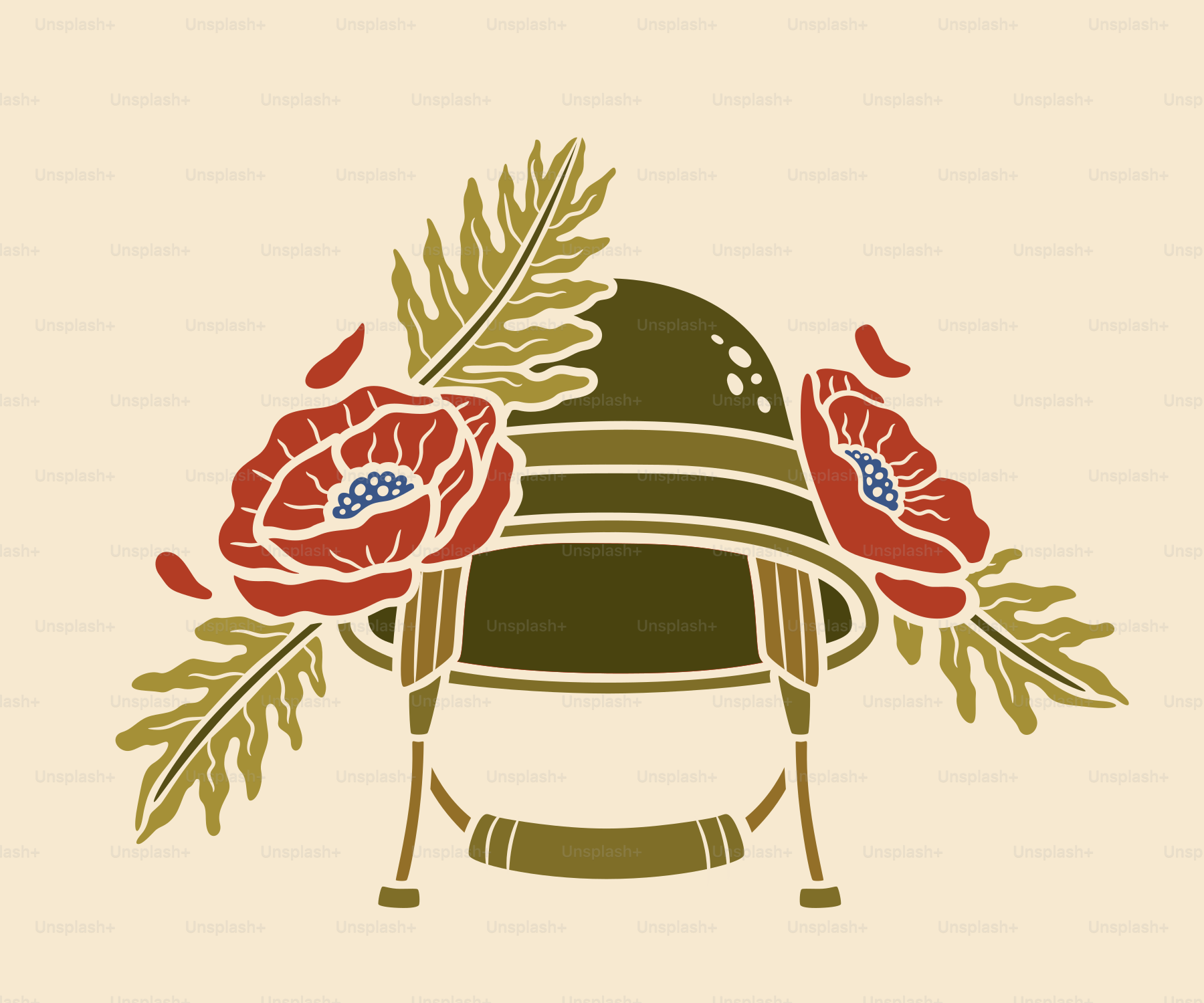Military helmet adorned with red poppies and green leaves.