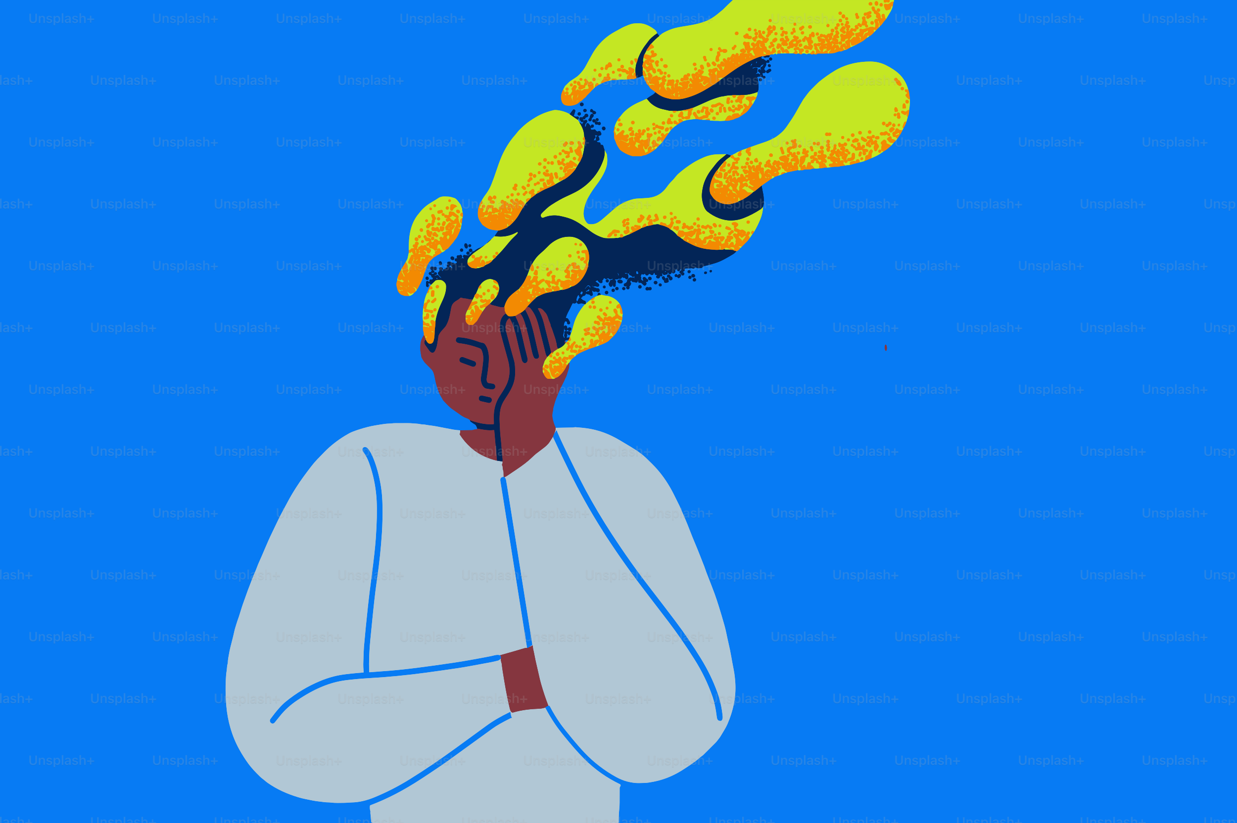 Abstract person with yellow blobs erupting from head.