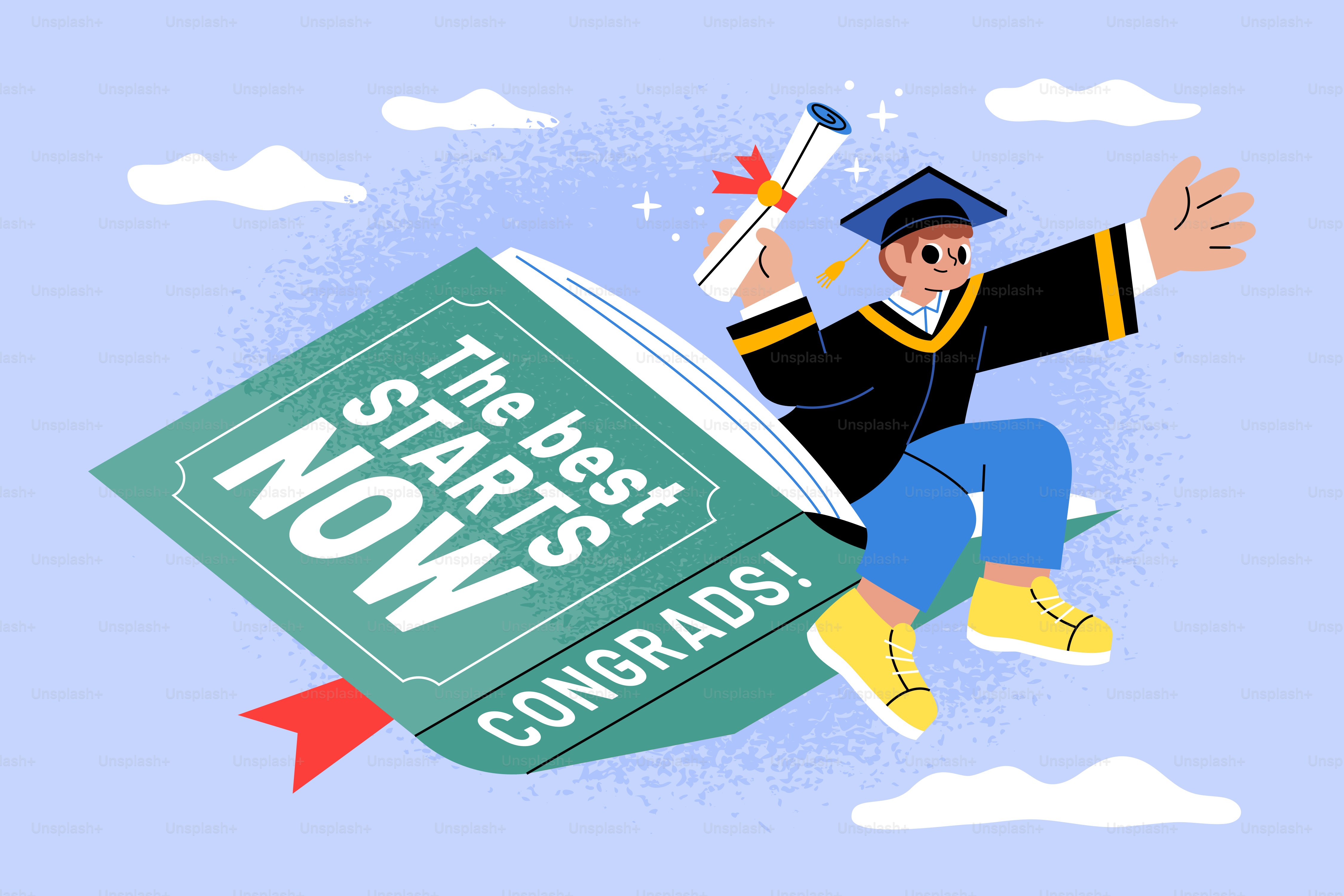 Graduate flying on a book with diploma and diploma