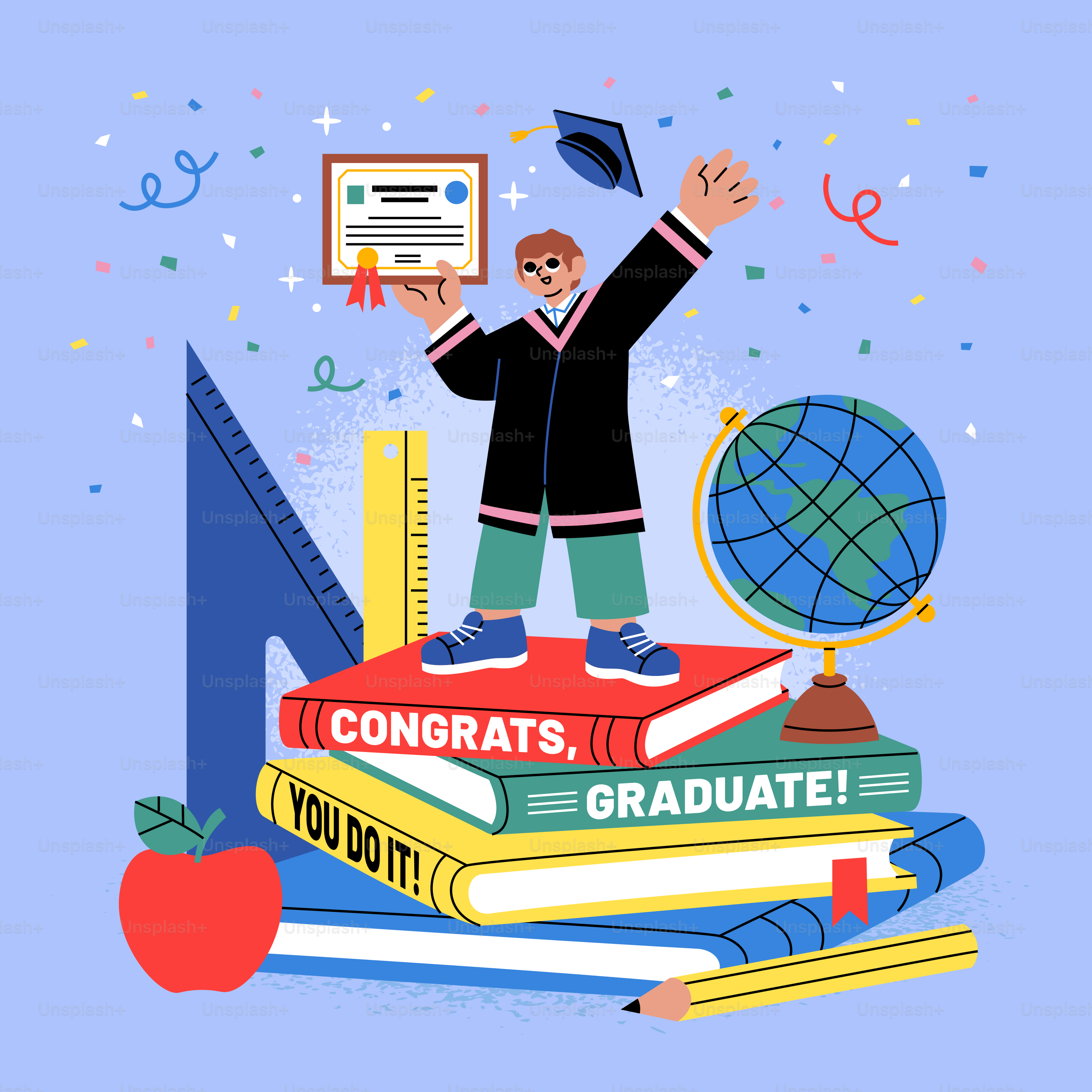Graduate celebrating with diploma on stack of books.