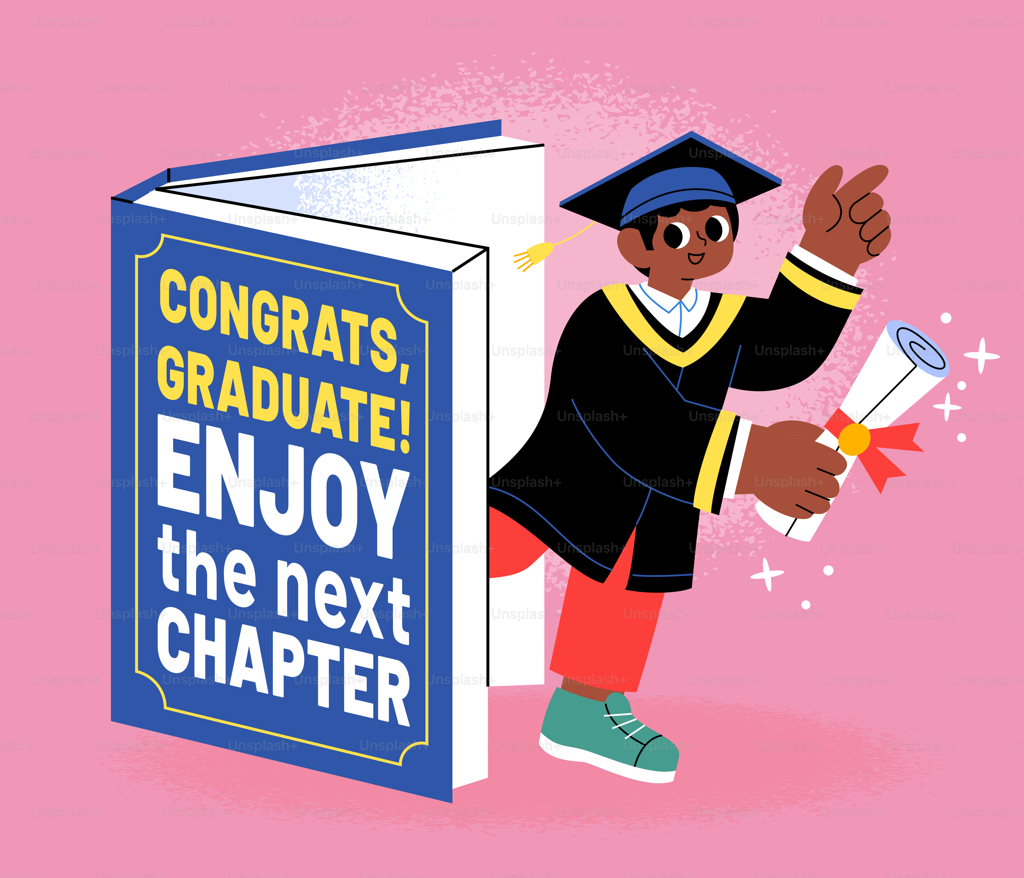 Graduate with diploma emerges from book