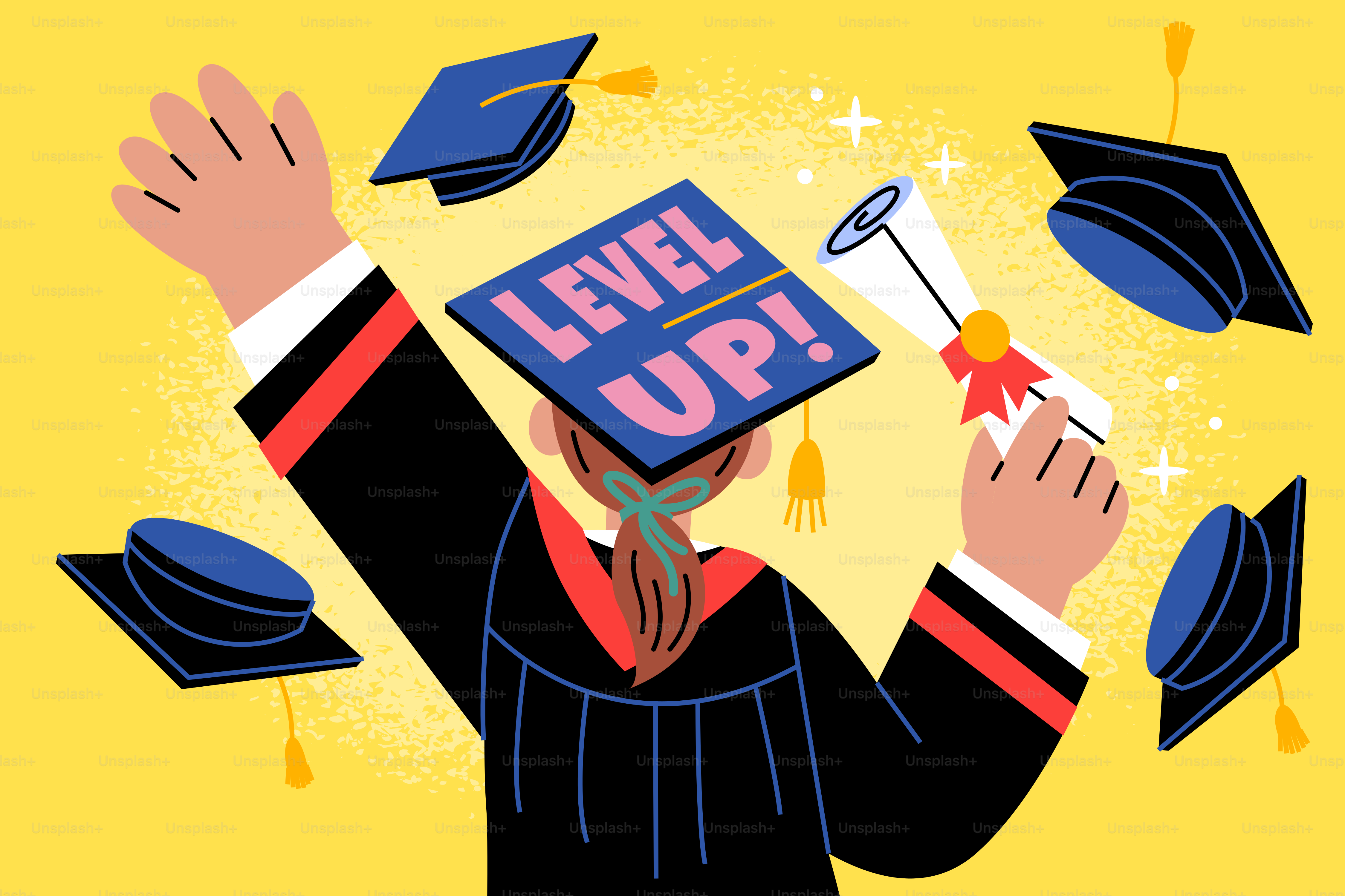 Graduation caps and diploma with "level up!" text
