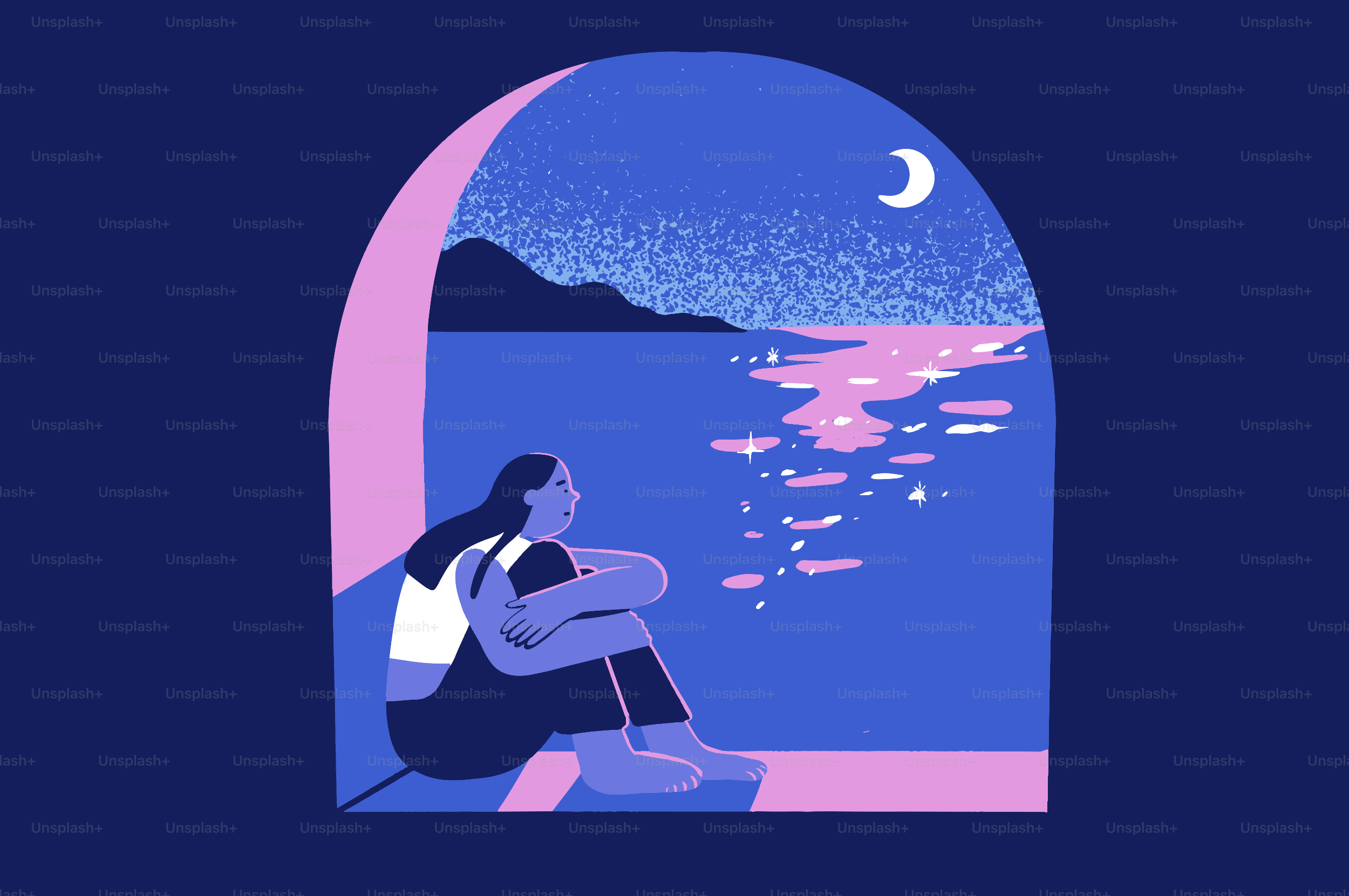 Woman looking out window at moonlit ocean at night