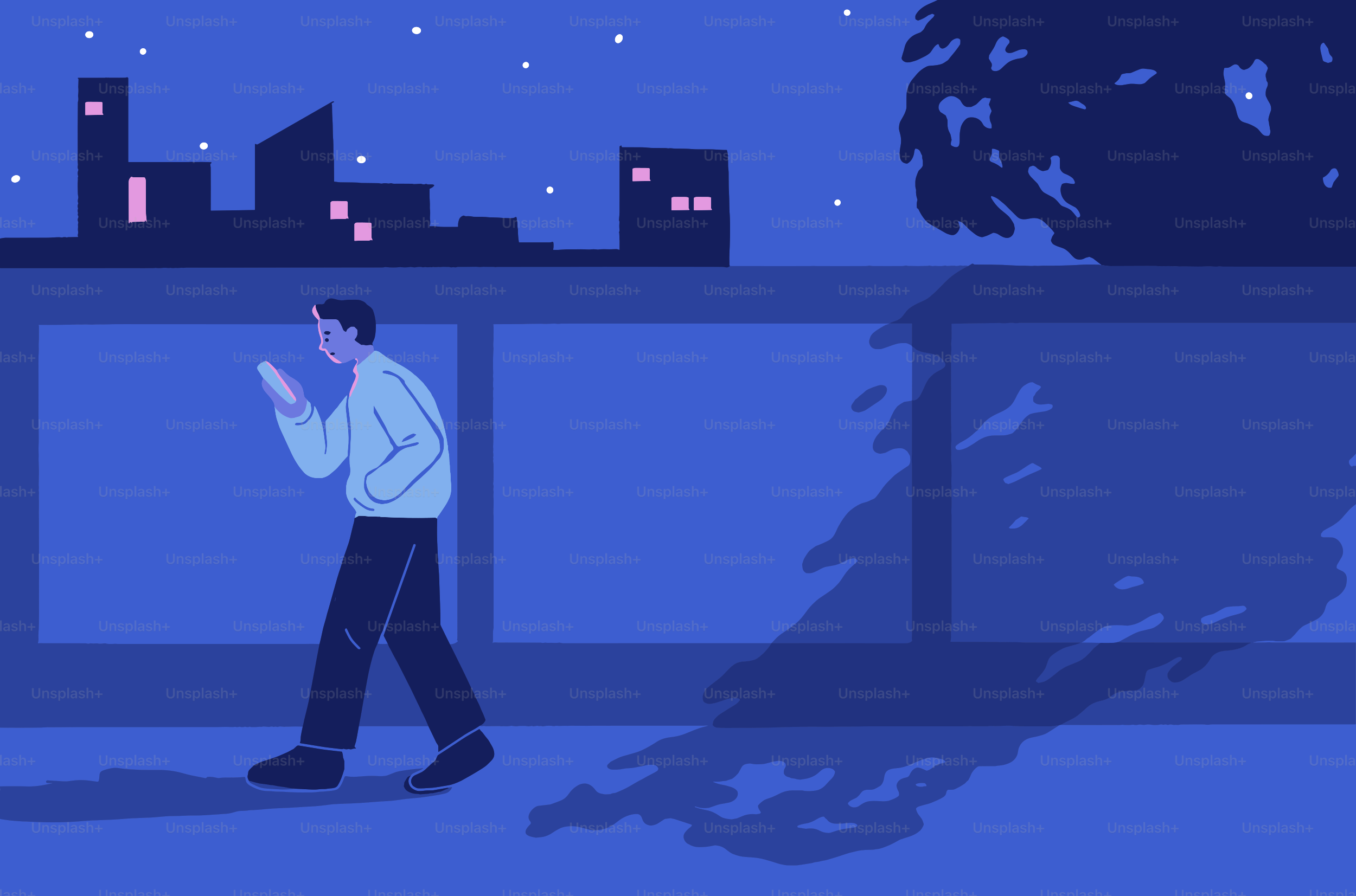 夜に歩く男性、街のスカイラインを背景に