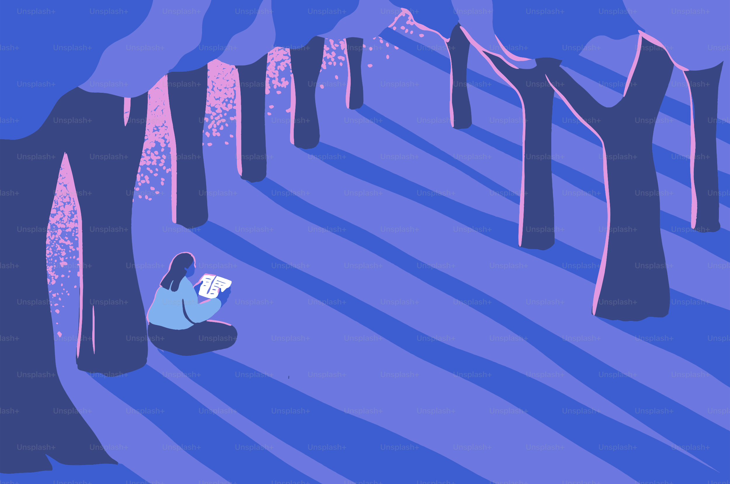 A person sits reading in a shadowy, purple forest.