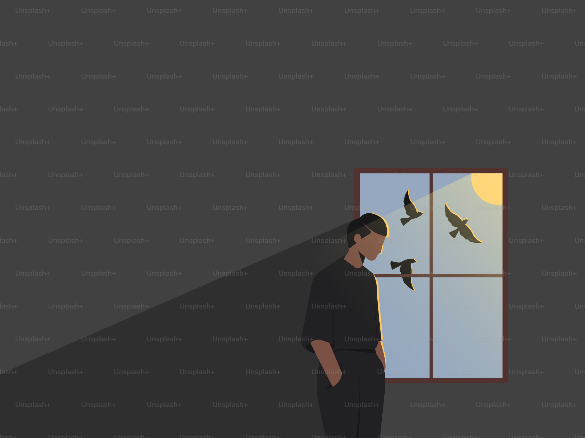 A person stands near a window with birds flying outside.