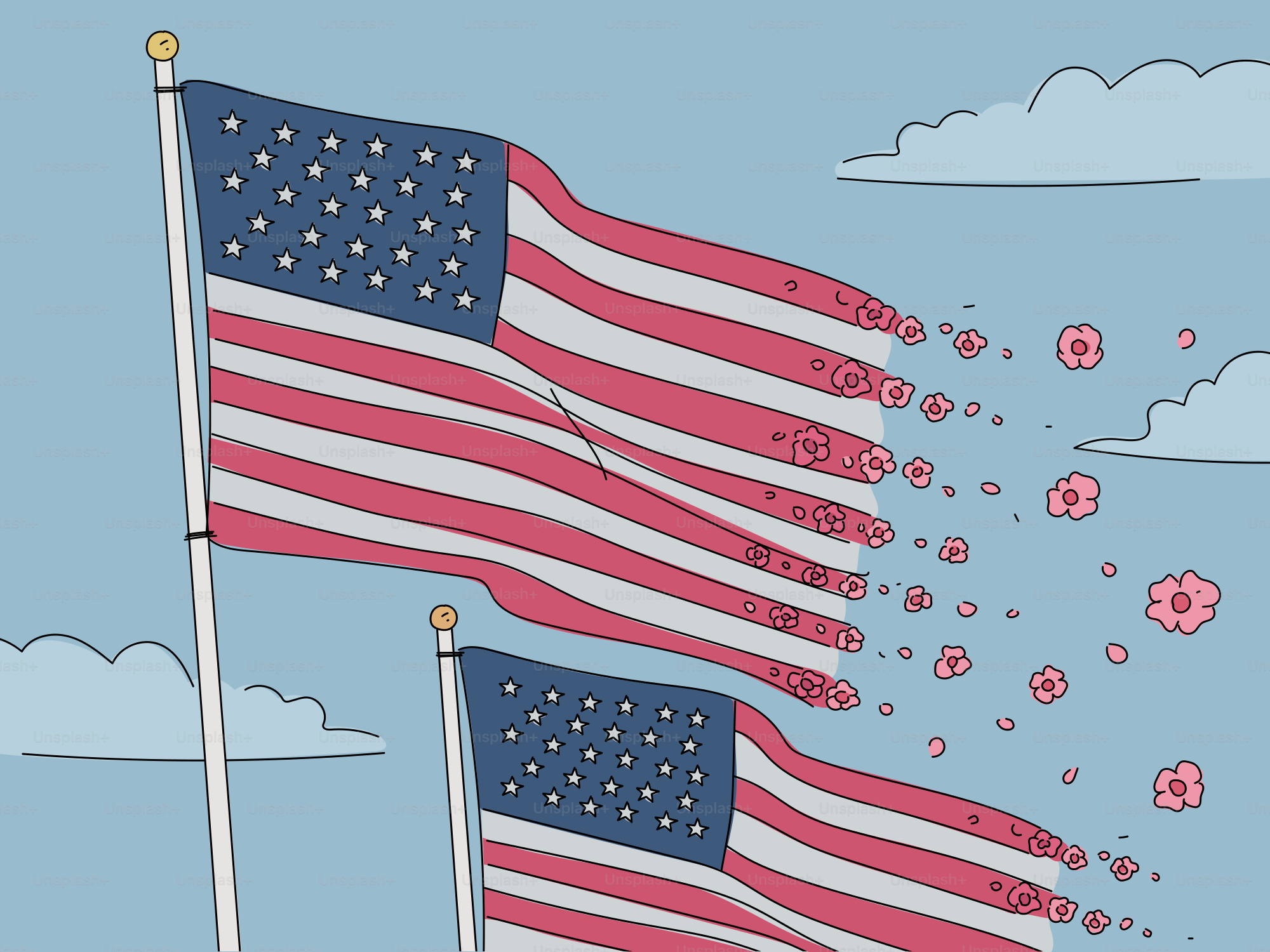 ピンクの花が舞い散る二つのアメリカ国旗