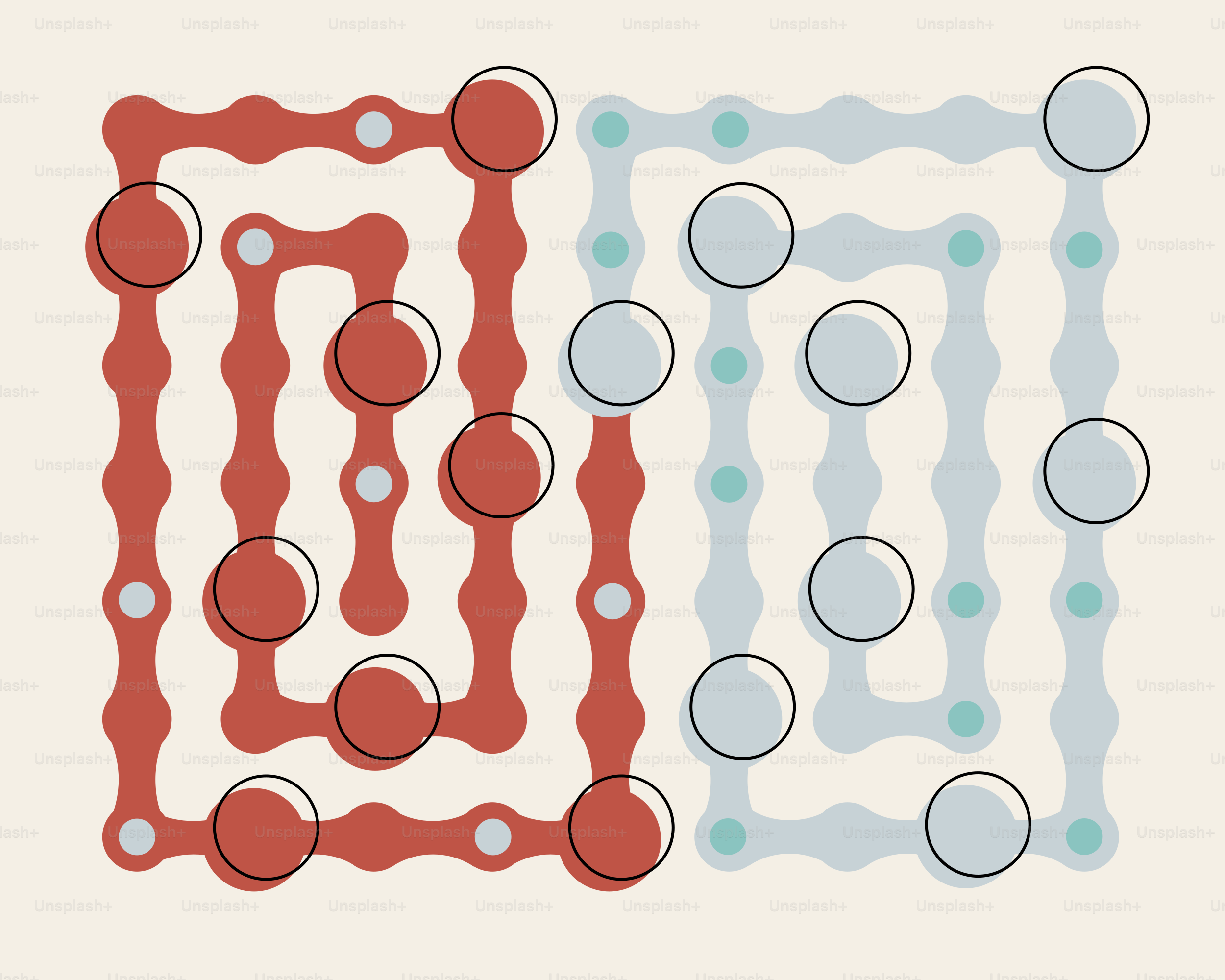 Two abstract maze-like paths with circles
