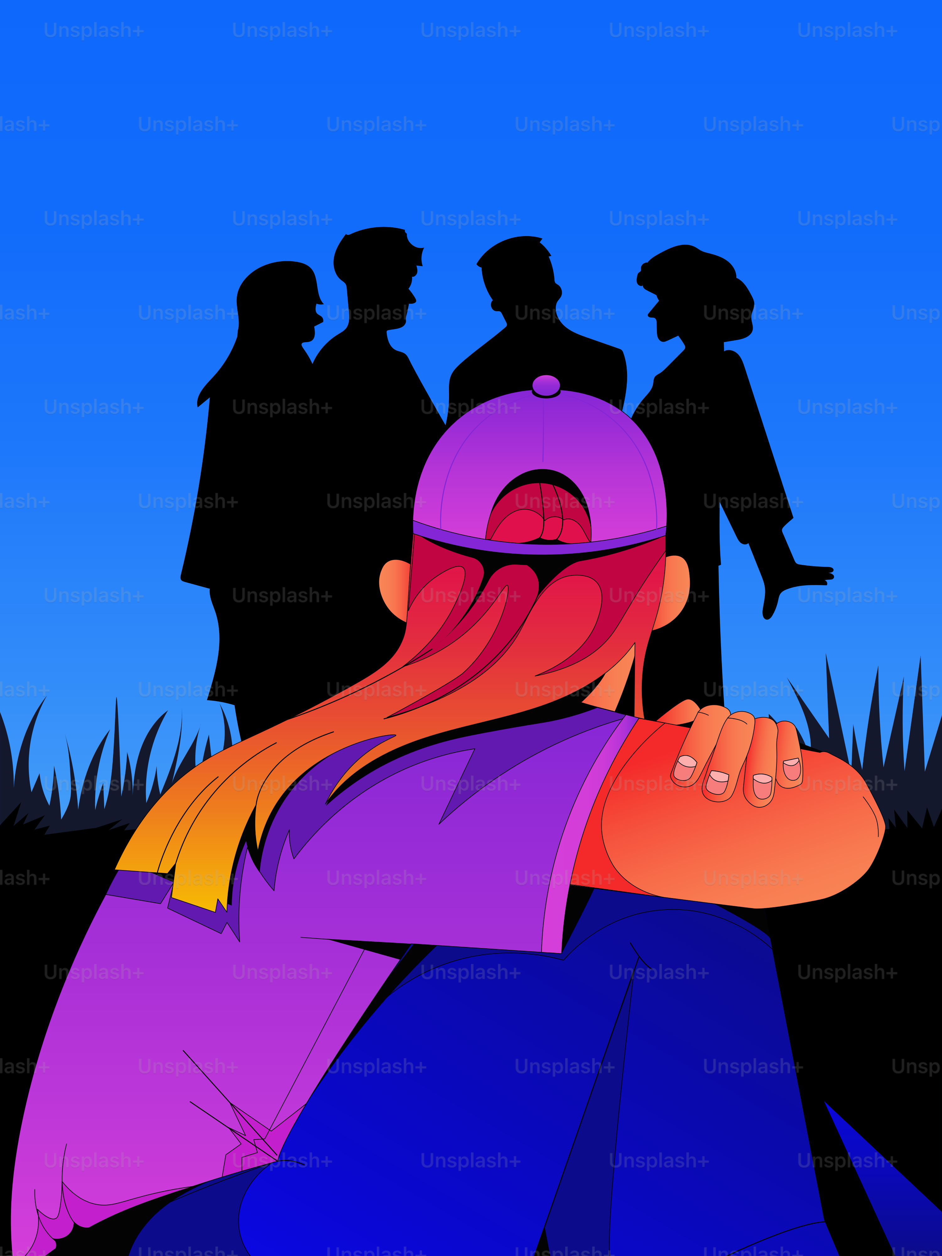 실루엣 그룹에서 등을 돌린 컬러풀한 머리카락을 가진 사람.