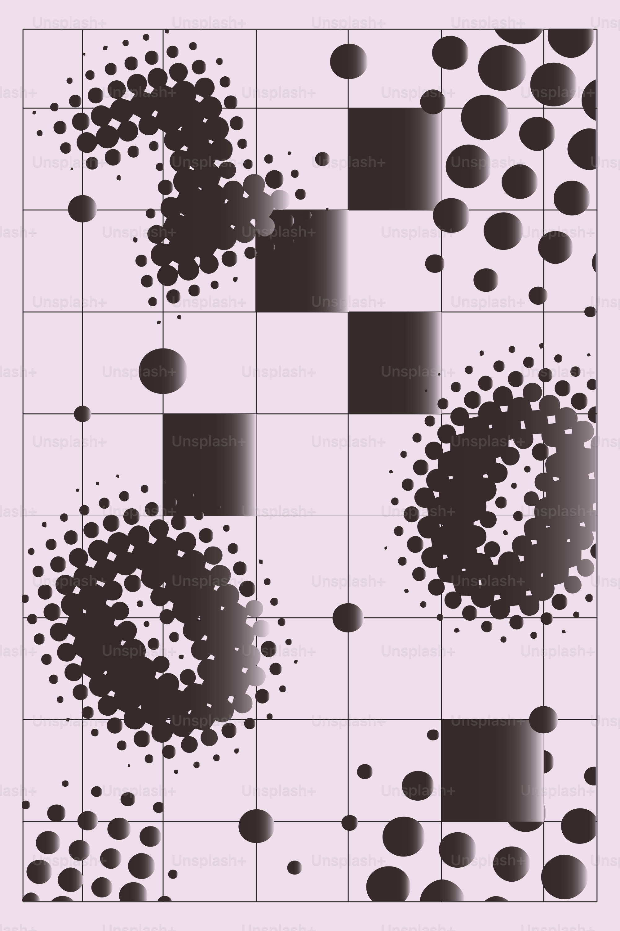 원과 정사각형이 격자 위에 있는 추상적인 패턴.