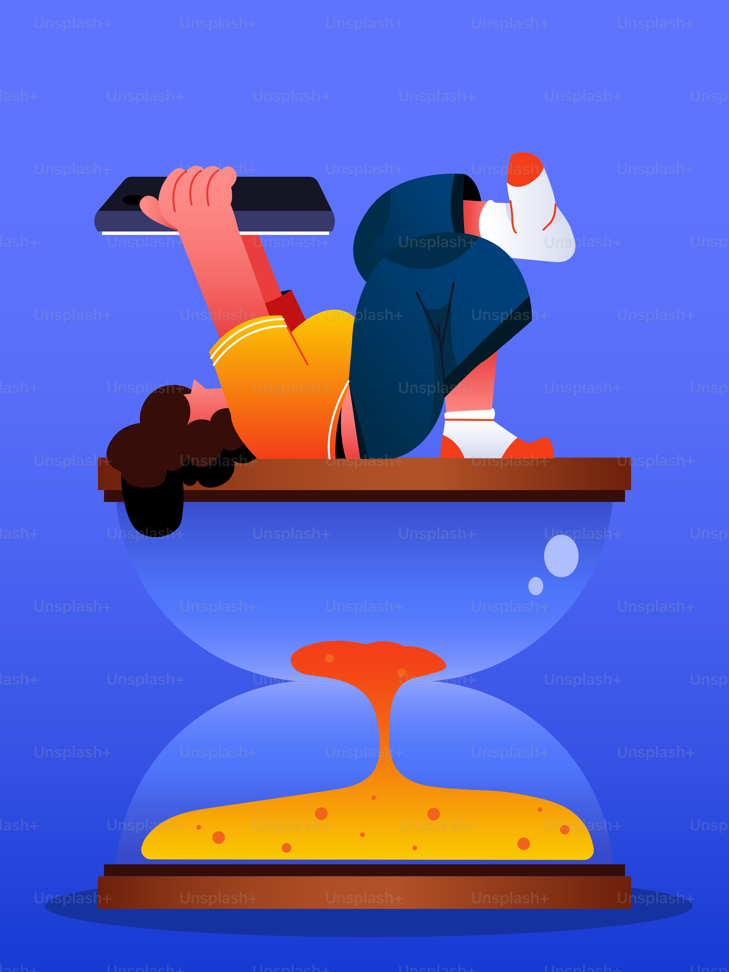 모래시계 위에 노트북, 노트북, 시간이 흐르는 사람