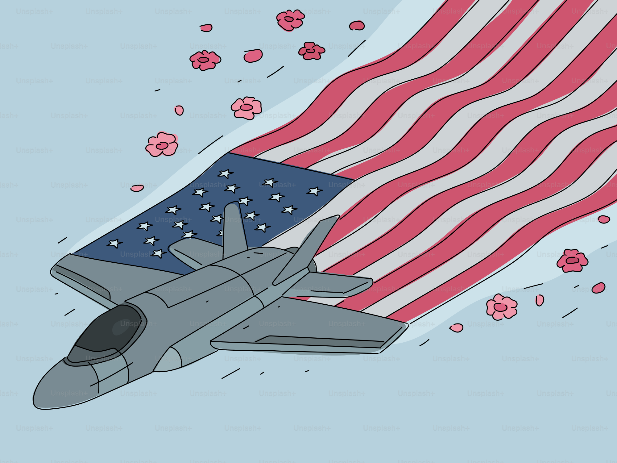 Jet fighter flies with american flag and flowers