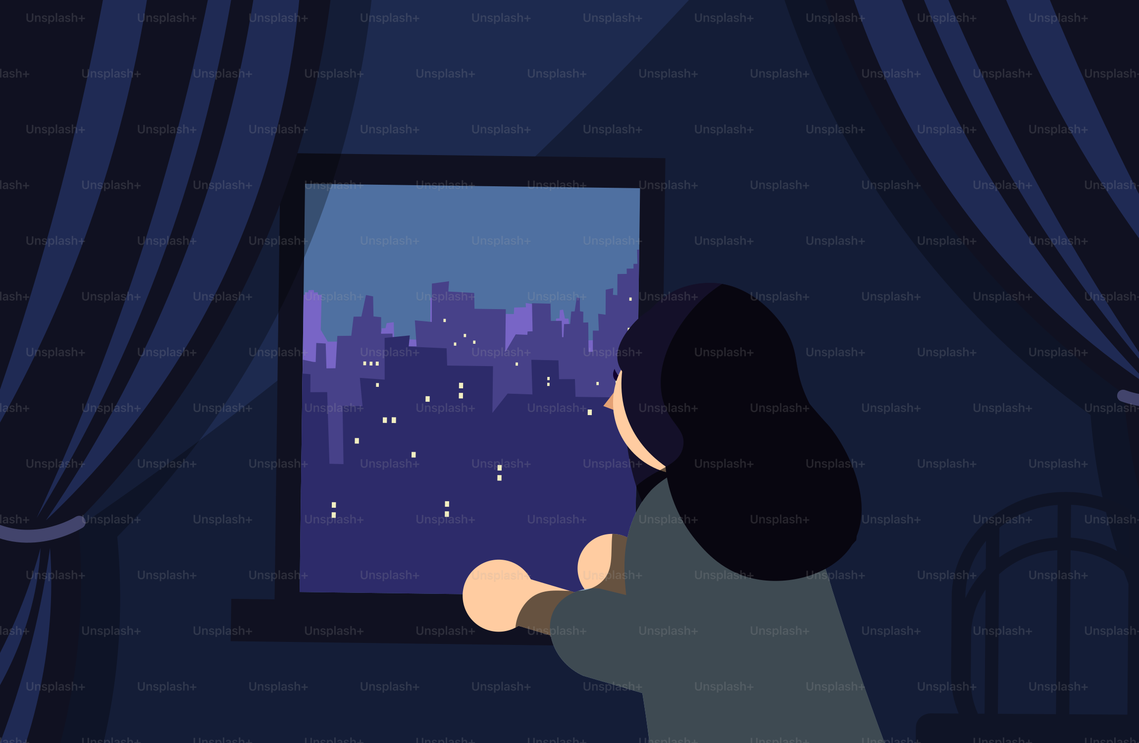 Woman looking out window at city lights at night