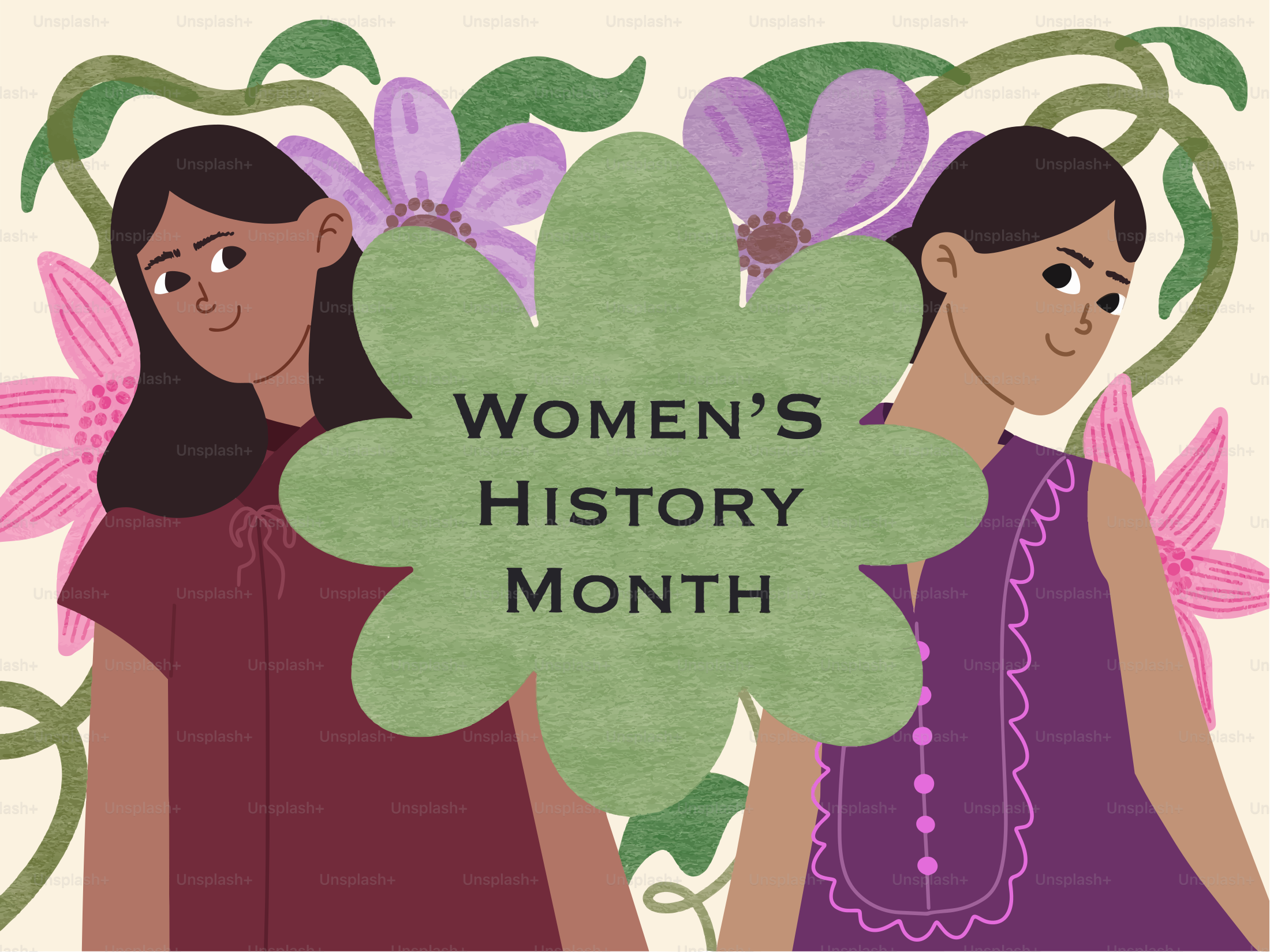 Dua wanita dengan bunga dan teks "bulan sejarah wanita".