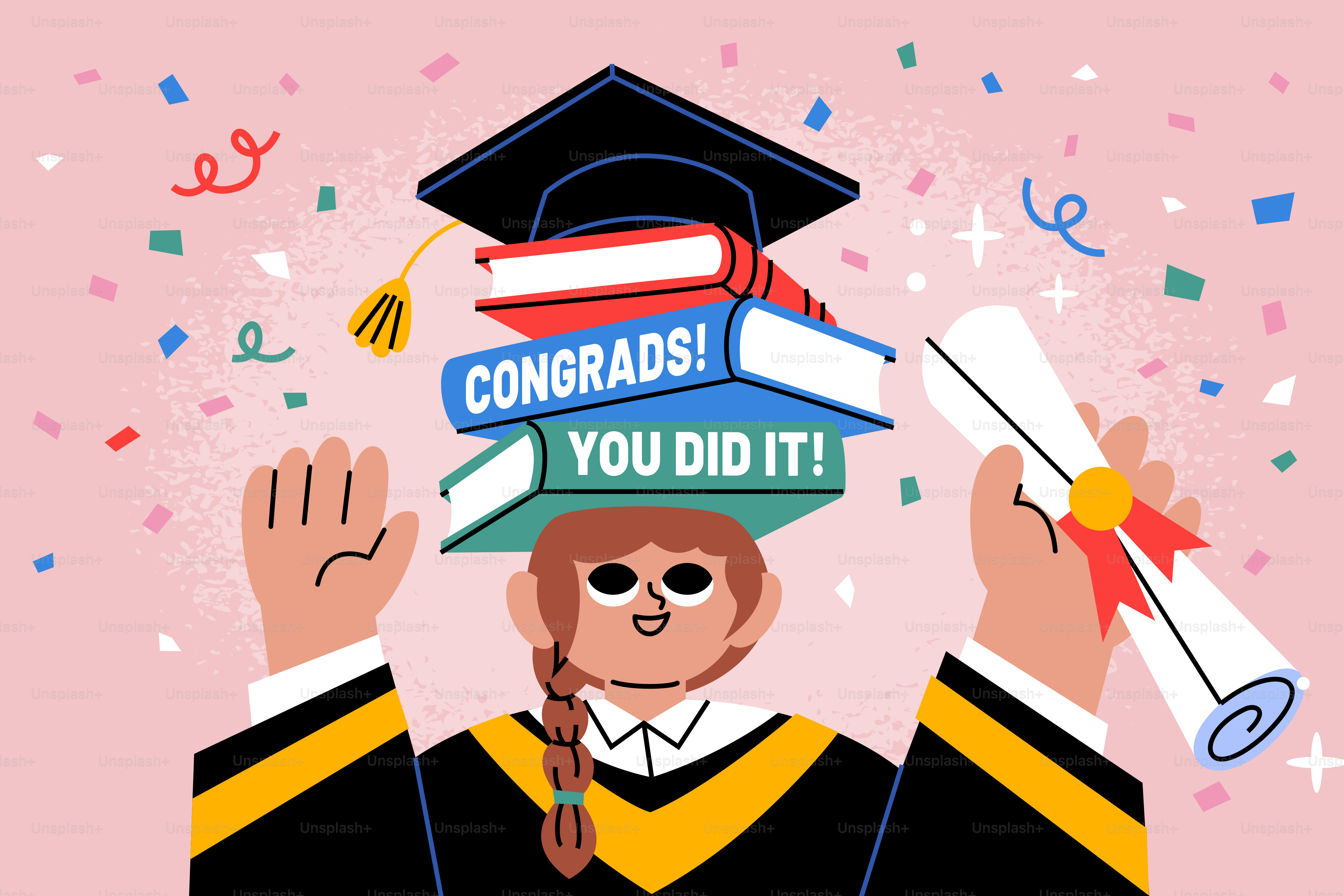 Graduation student with books and diploma celebrates achievement