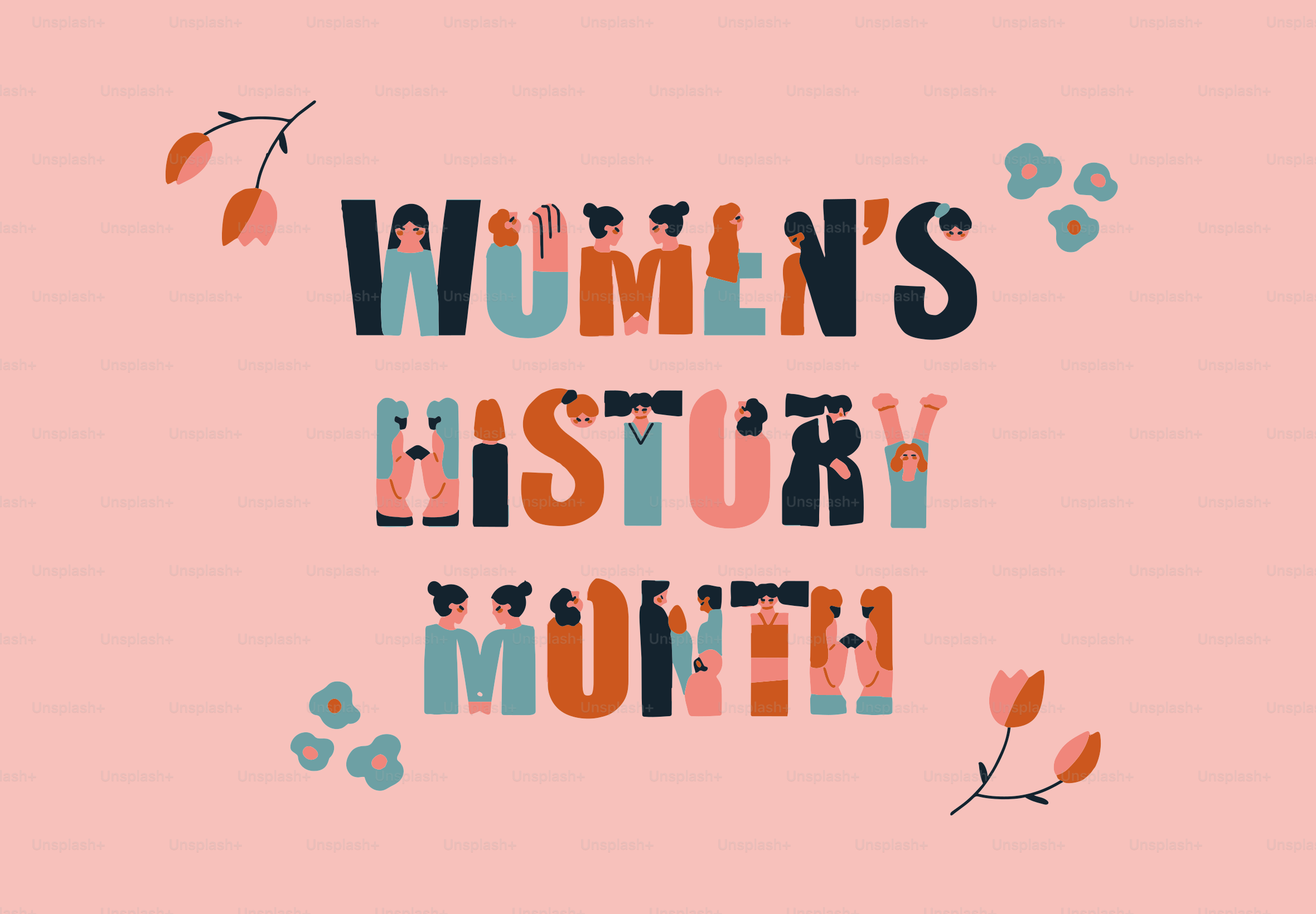 Women's history month text with floral accents