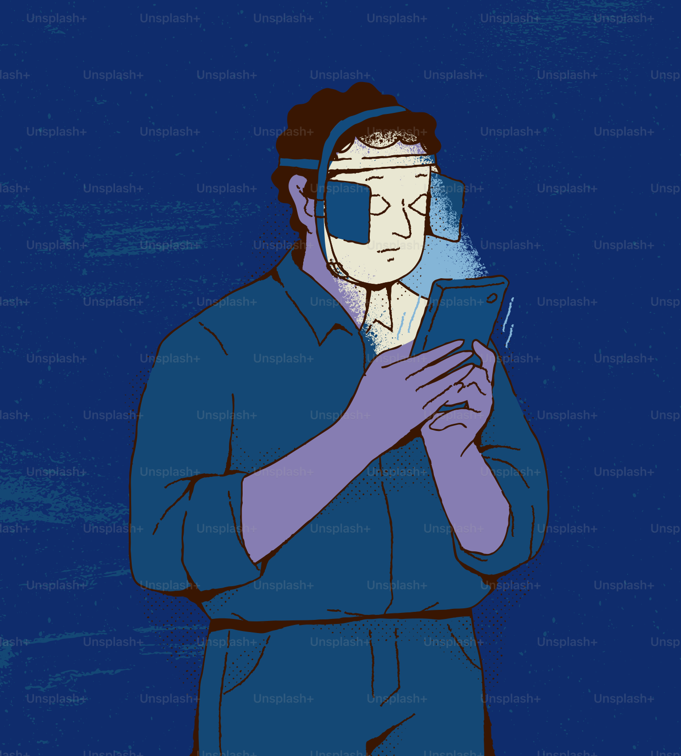 Man wearing vr headset looks at phone