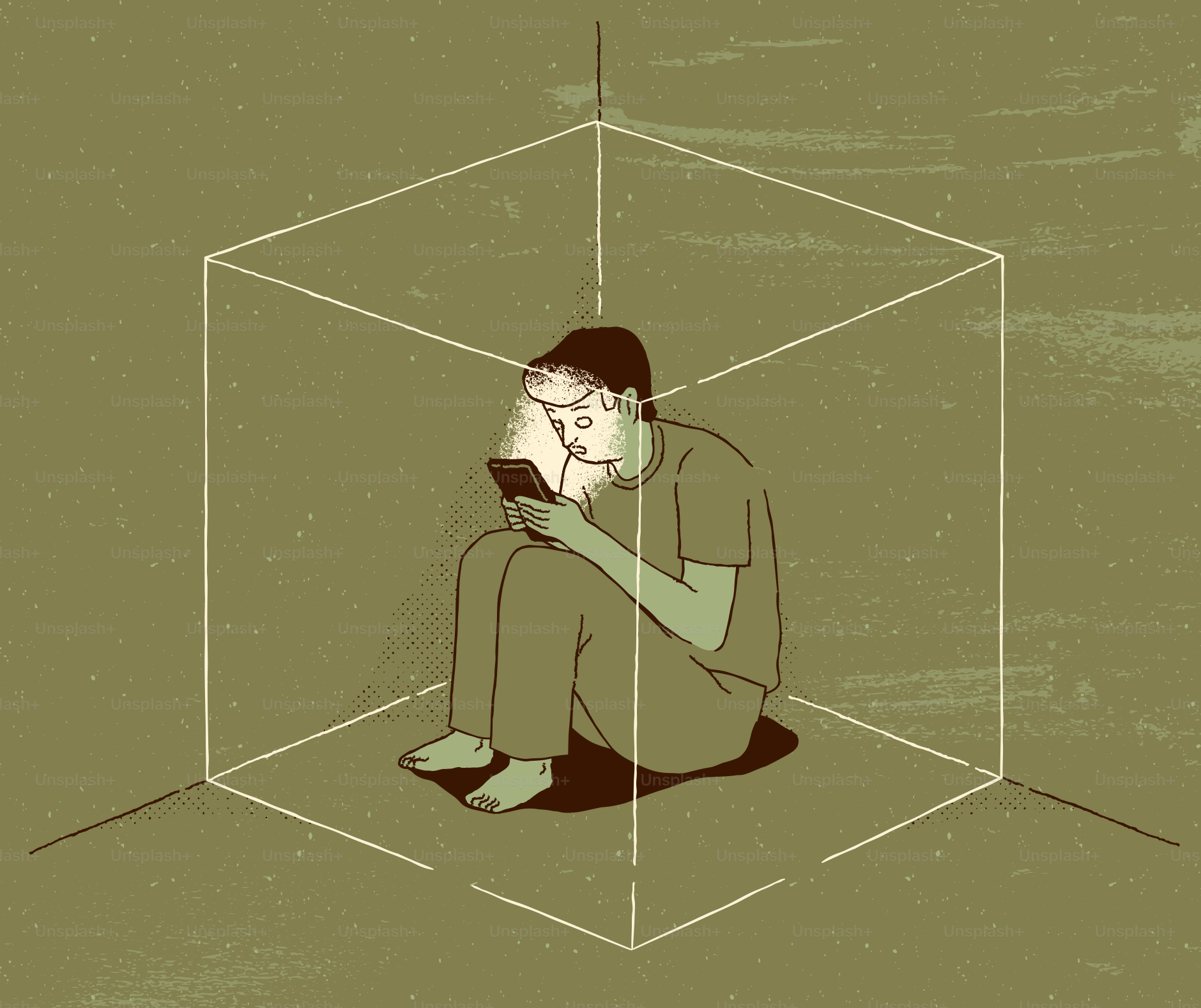 Person trapped in a box using a smartphone