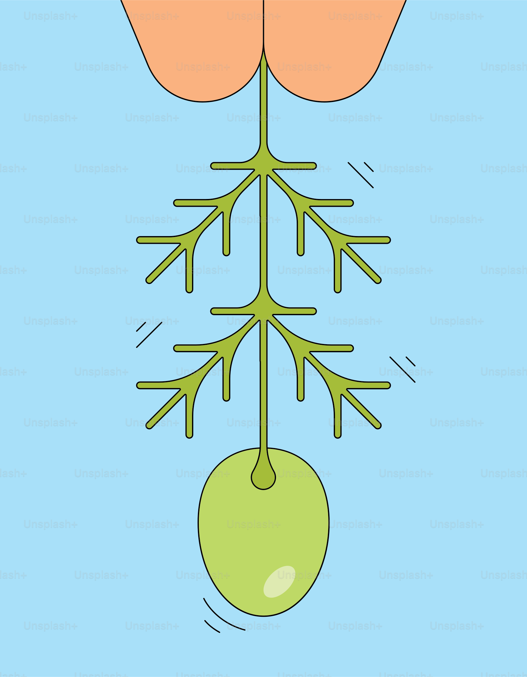 파란색 배경에 주황색 상단이 있는 추상적인 녹색 구조