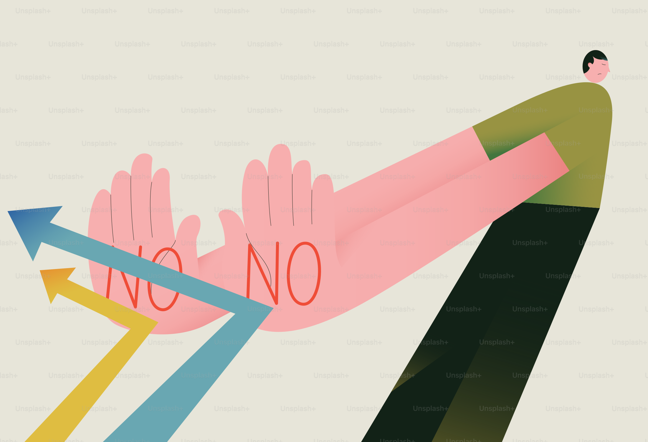 Persona bloqueando flechas con las manos diciendo que no