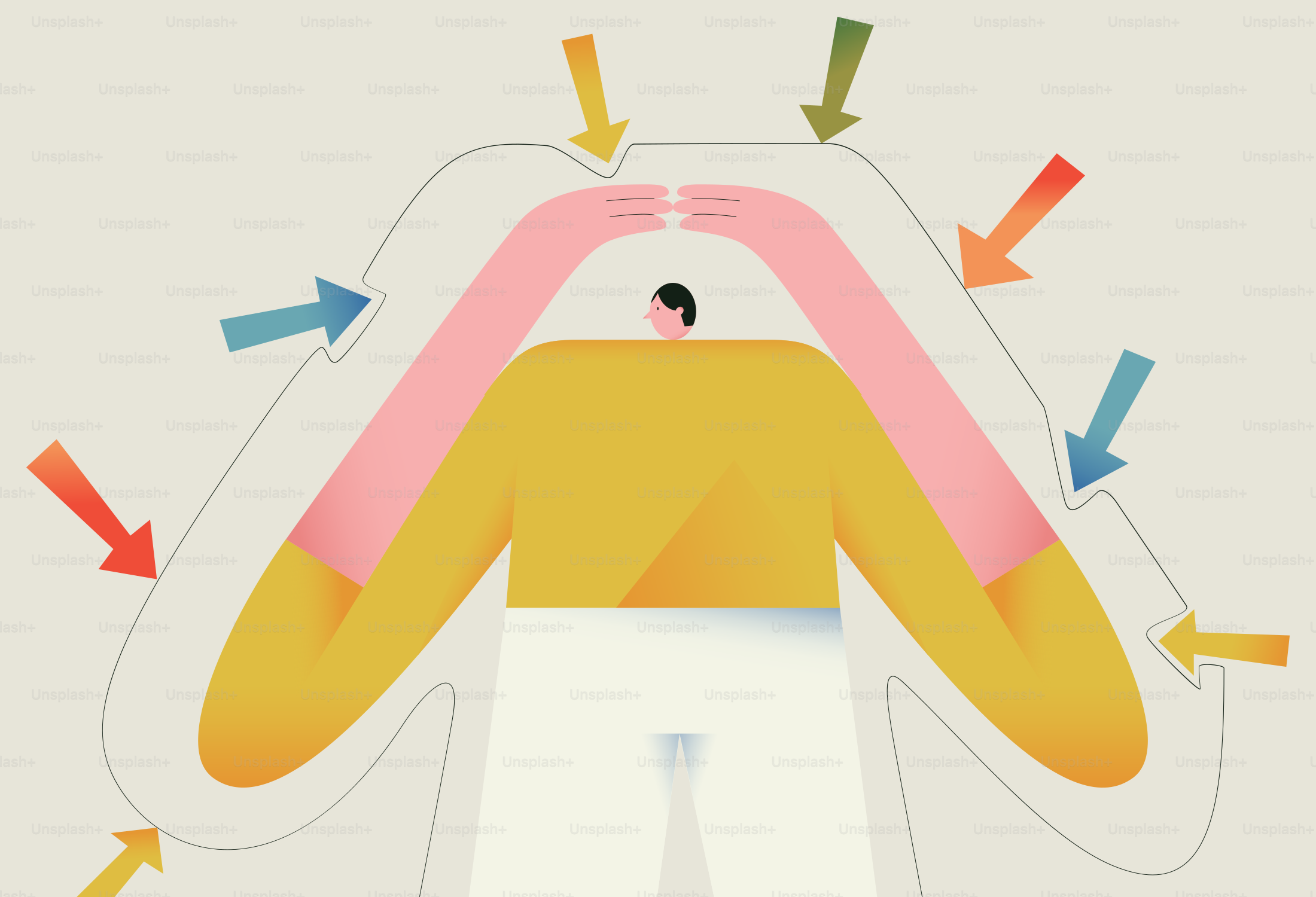 Persona protegiéndose de las flechas que lo rodean