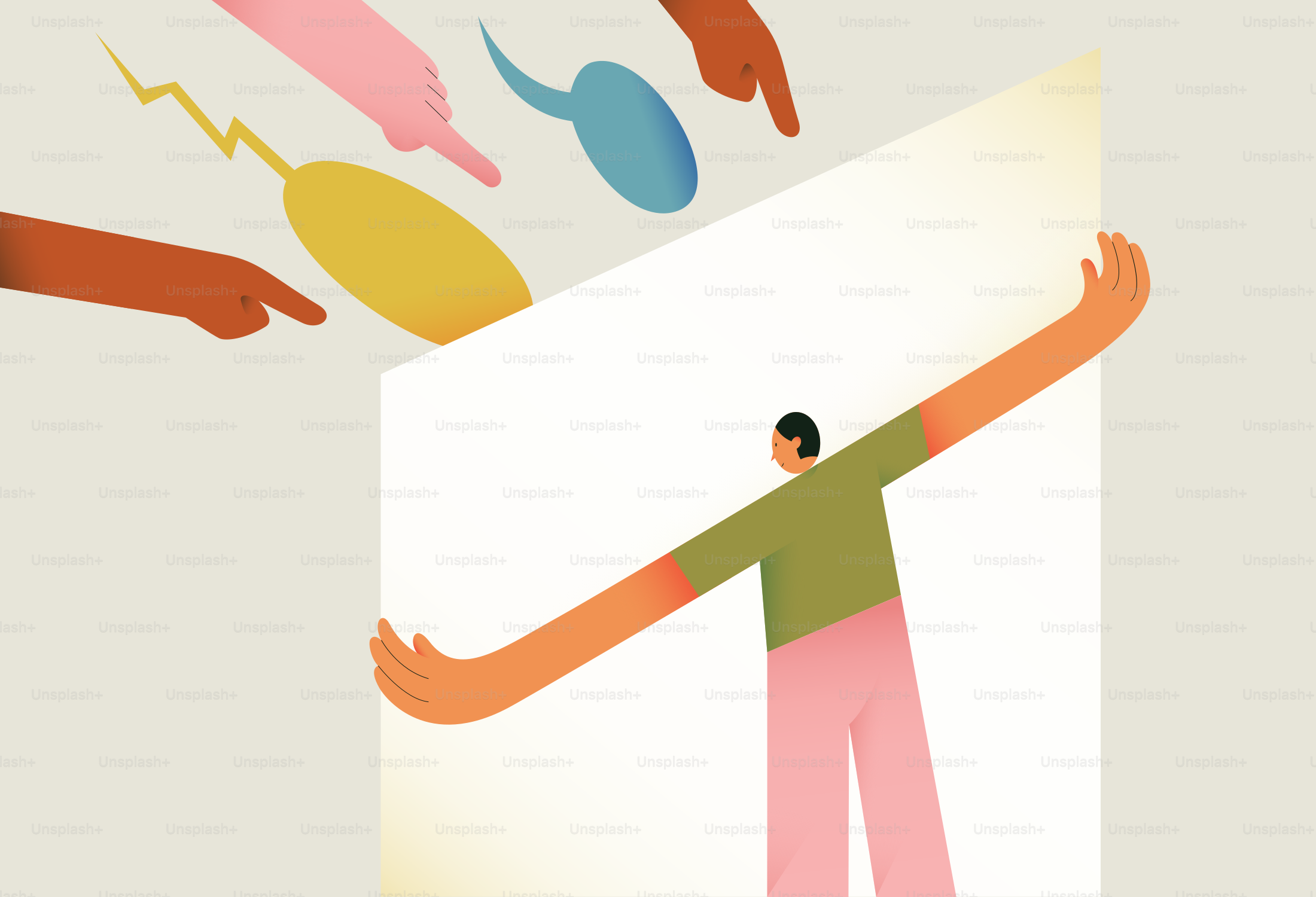 Señalan con dedos a una persona que sostiene una pizarra blanca.