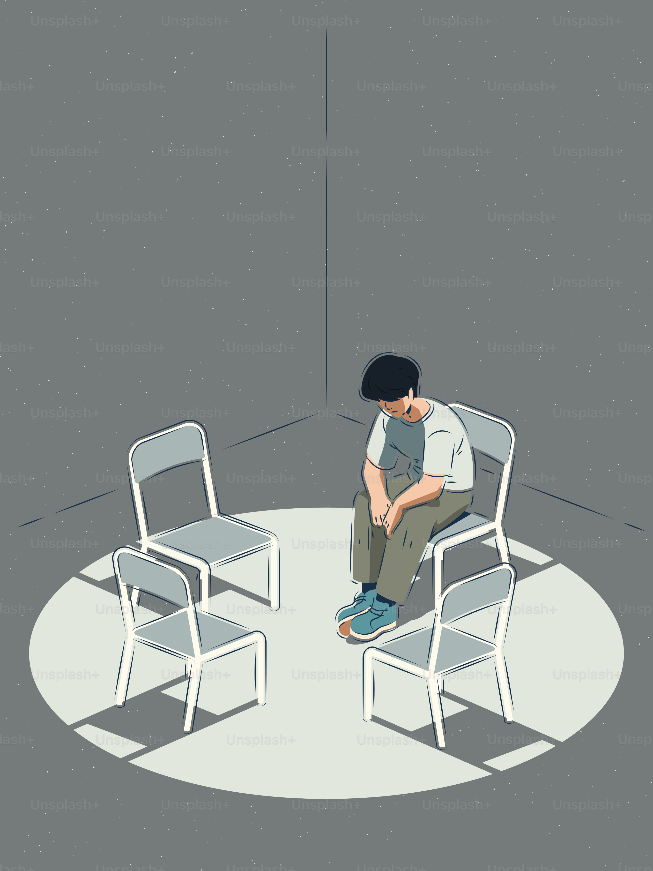 한 사람이 빈 의자 원형 안에 혼자 앉아 있다.