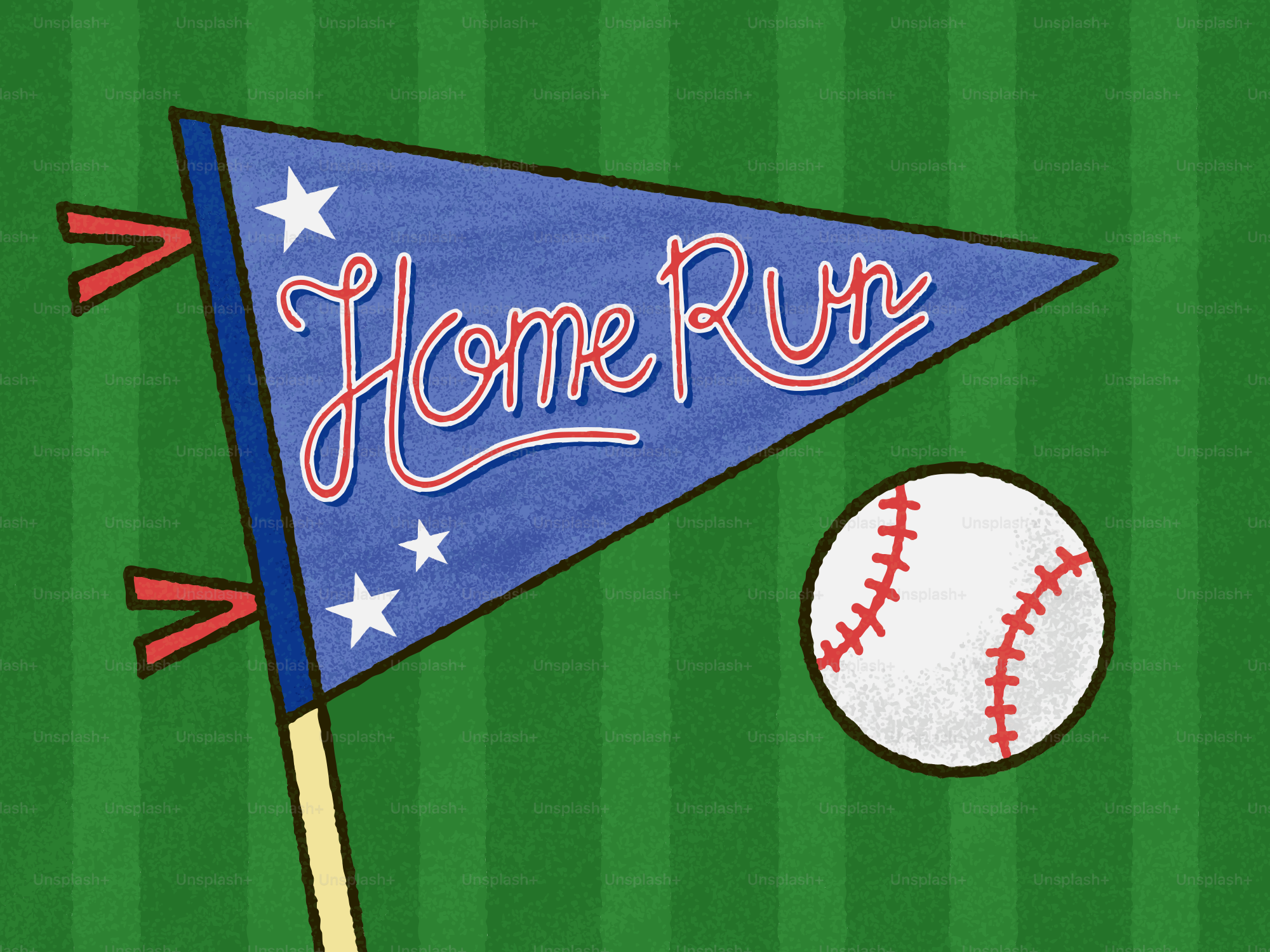 A blue pennant with "home run" and a baseball.