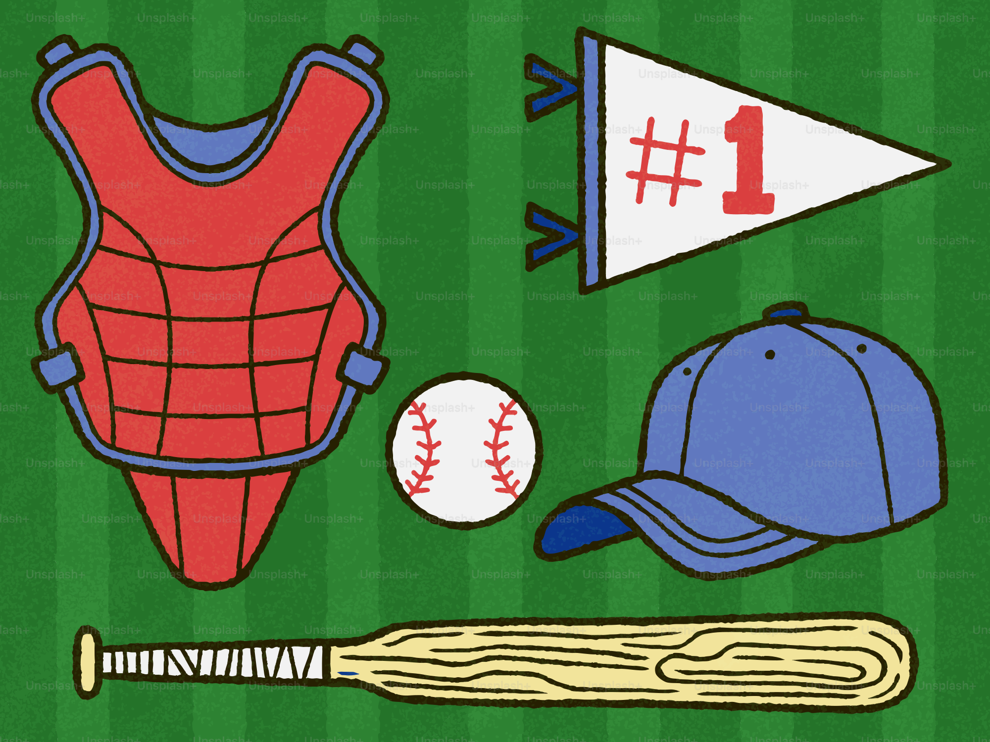 Baseball equipment including chest protector, ball, and bat.