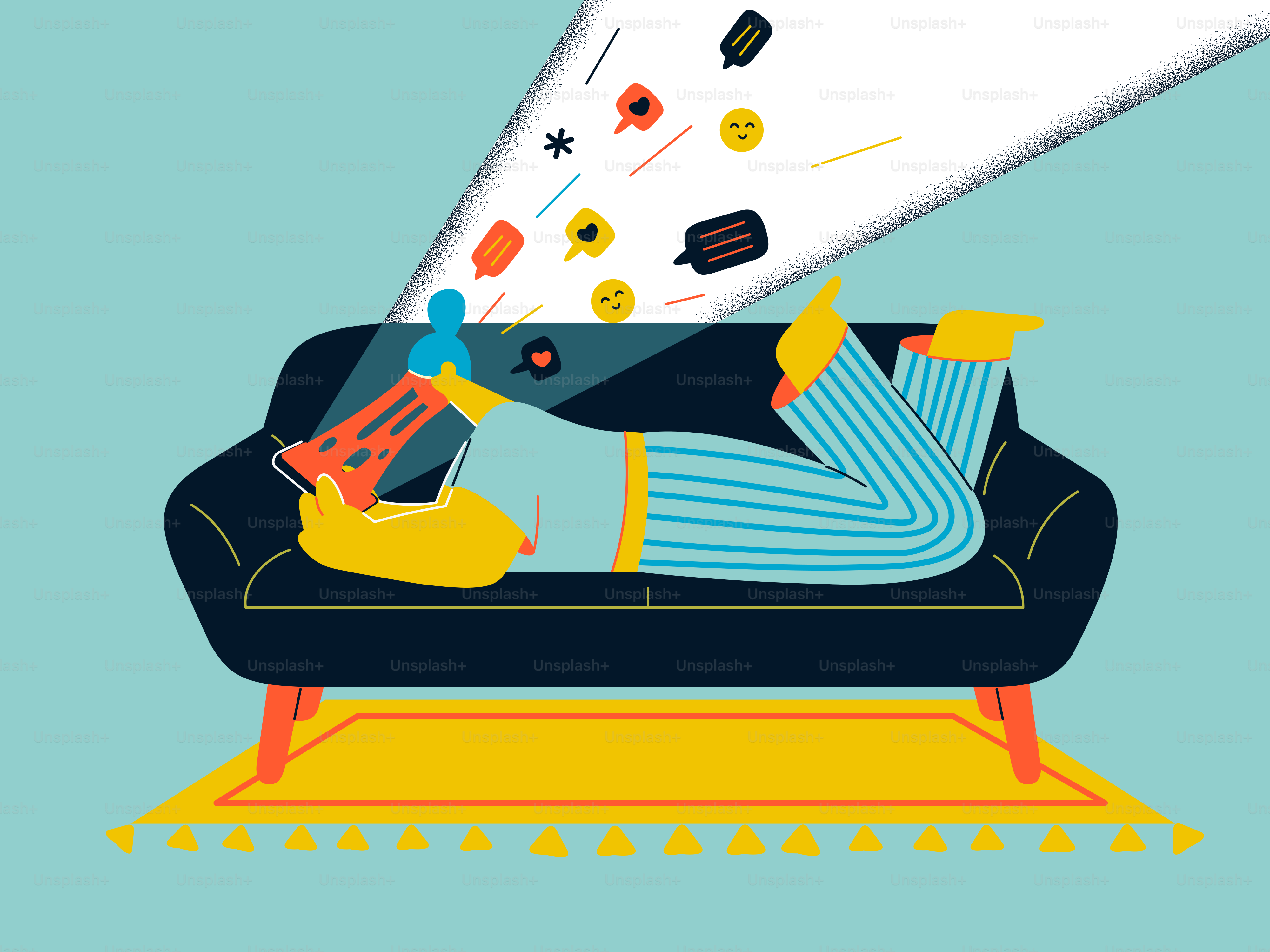 ソファでソーシャルメディアのアイコンと電話に夢中になっている人物。