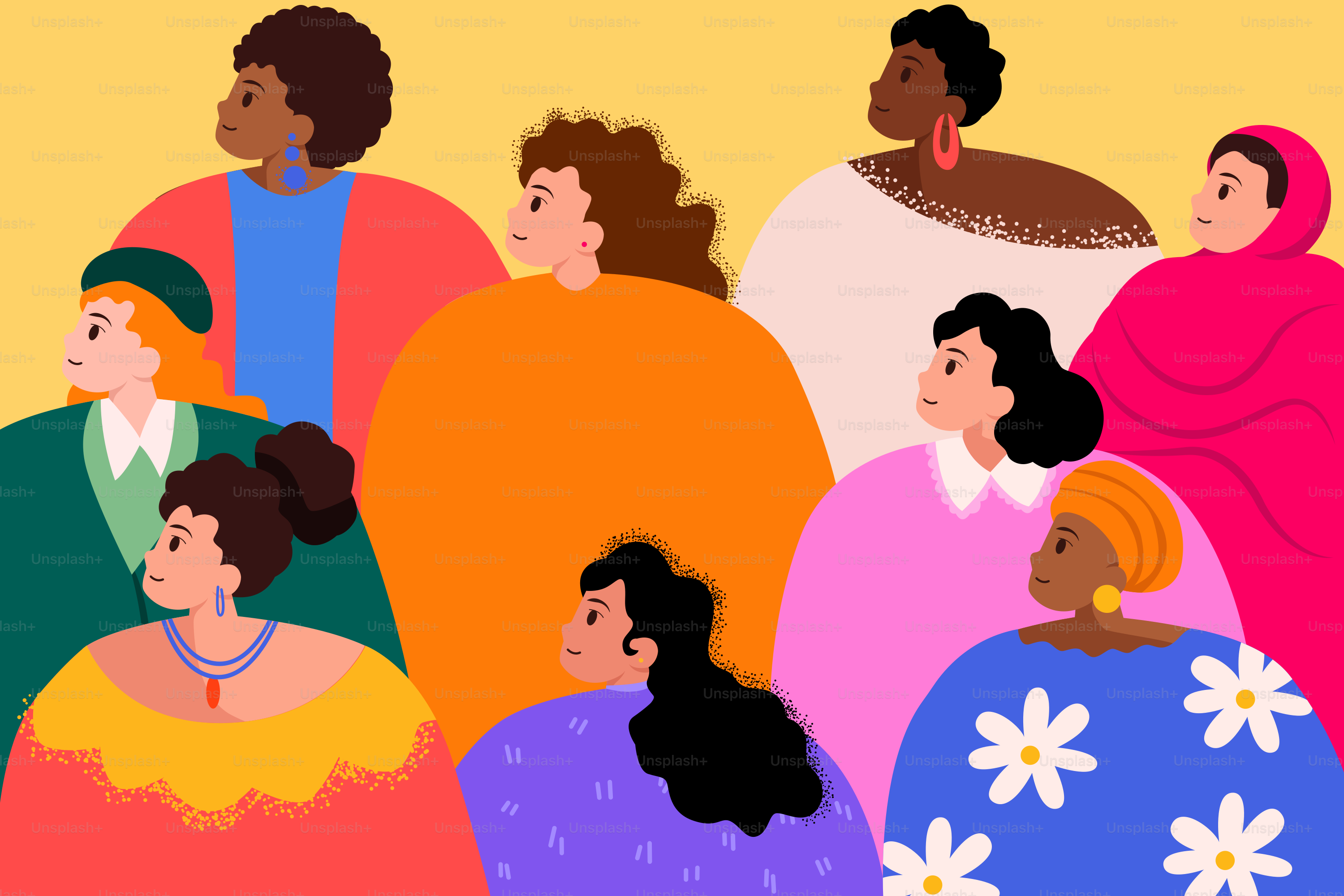 多様な肌の色や髪型を持つ女性たちのグループ。