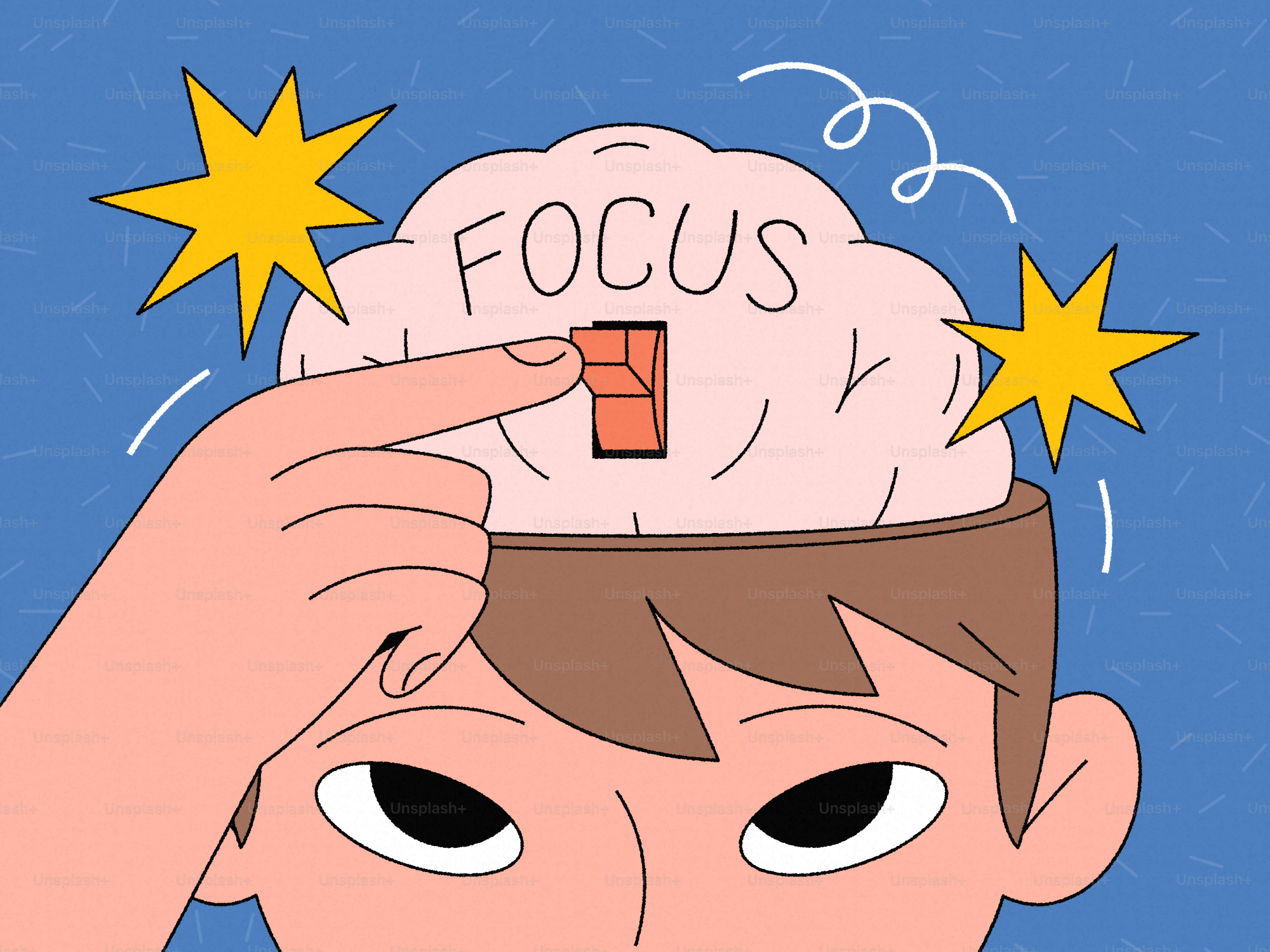 Finger flips switch labeled focus in brain