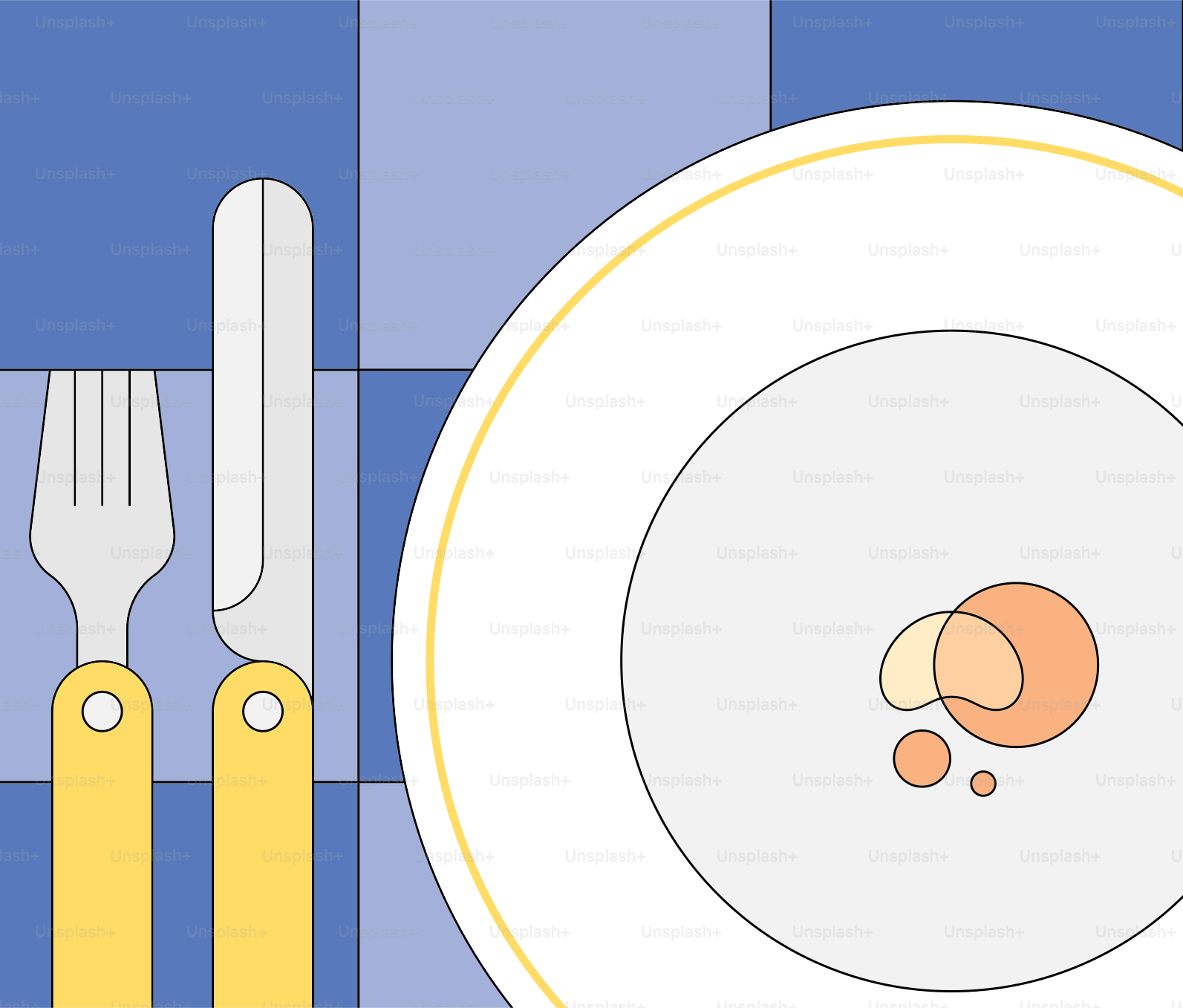 체크무늬 배경에 포크와 나이프가 든 접시