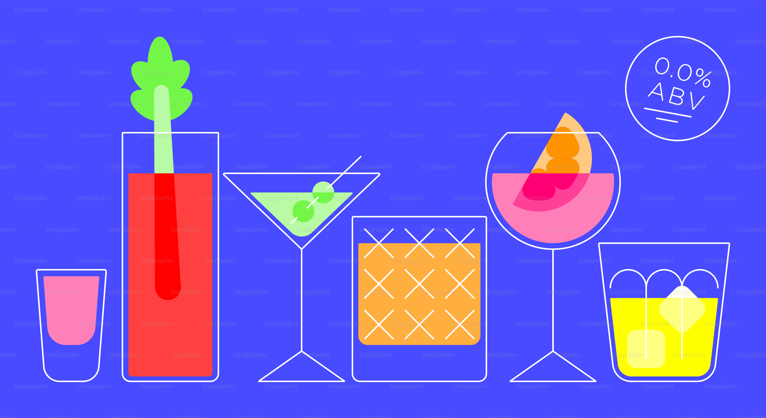 파란색 배경에 다채로운 무알코올 칵테일 모음이 있습니다