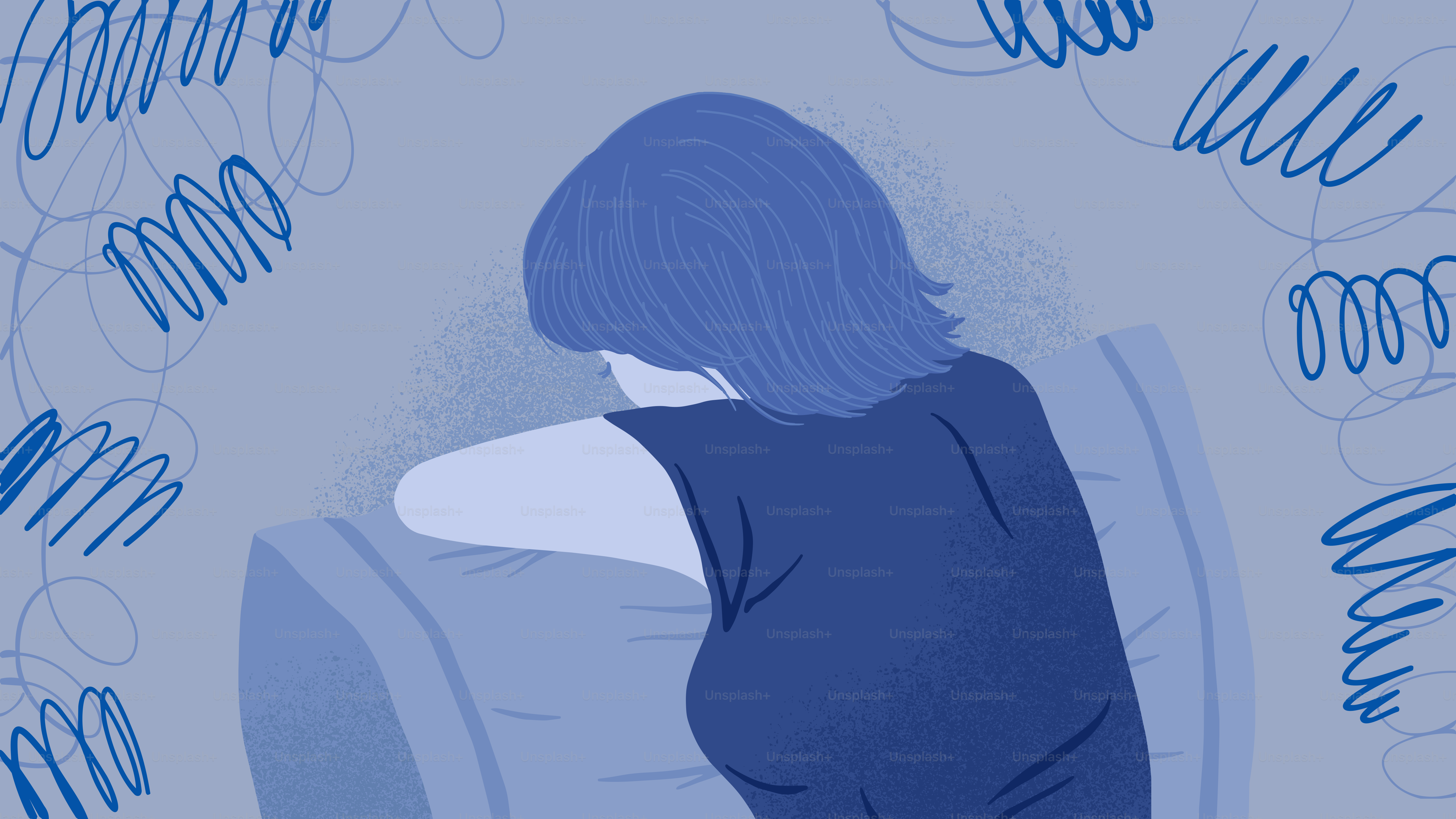 Woman with head down on a pillow, surrounded by scribbles.