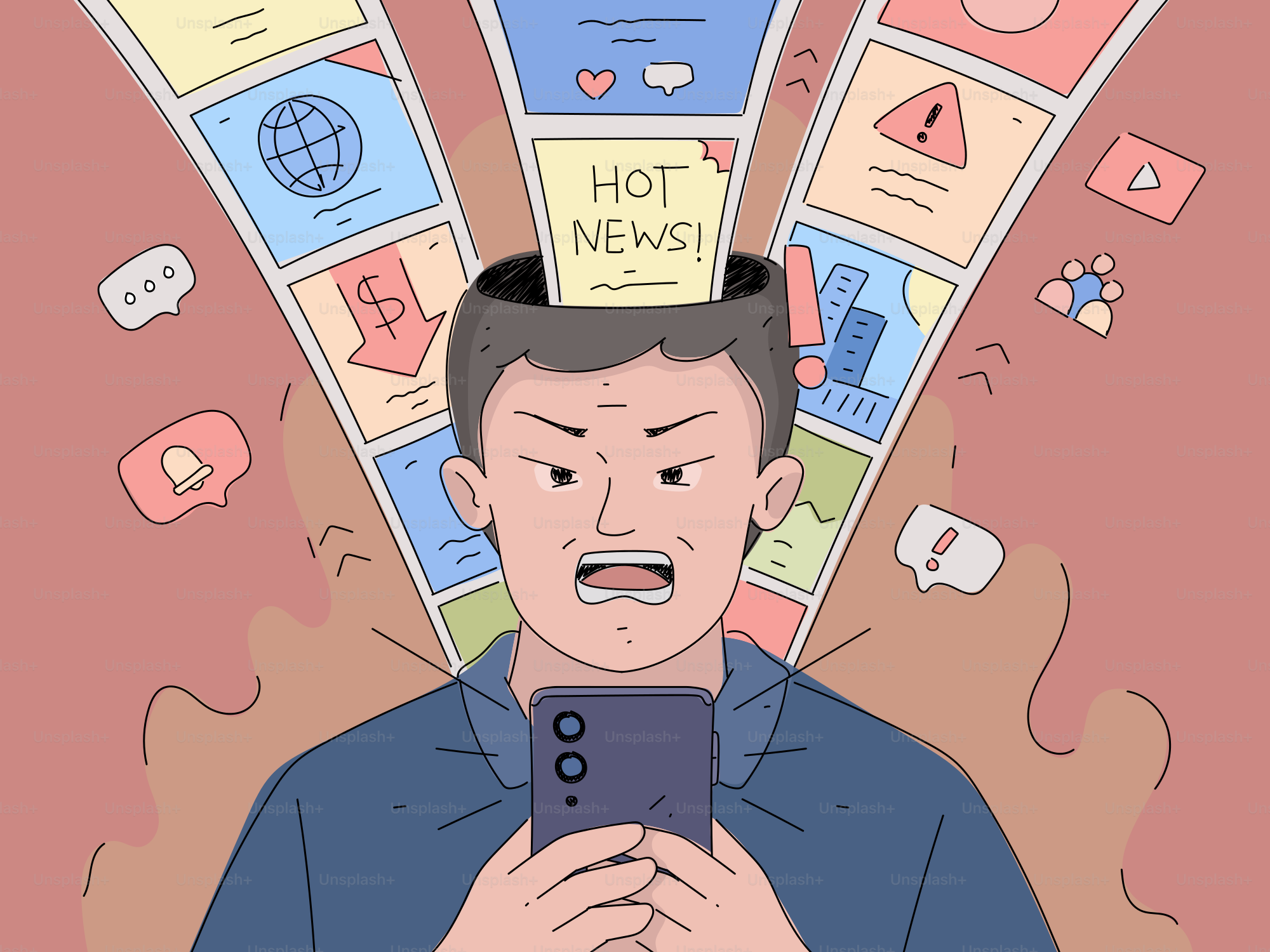 Uomo sopraffatto dalle informazioni dal telefono