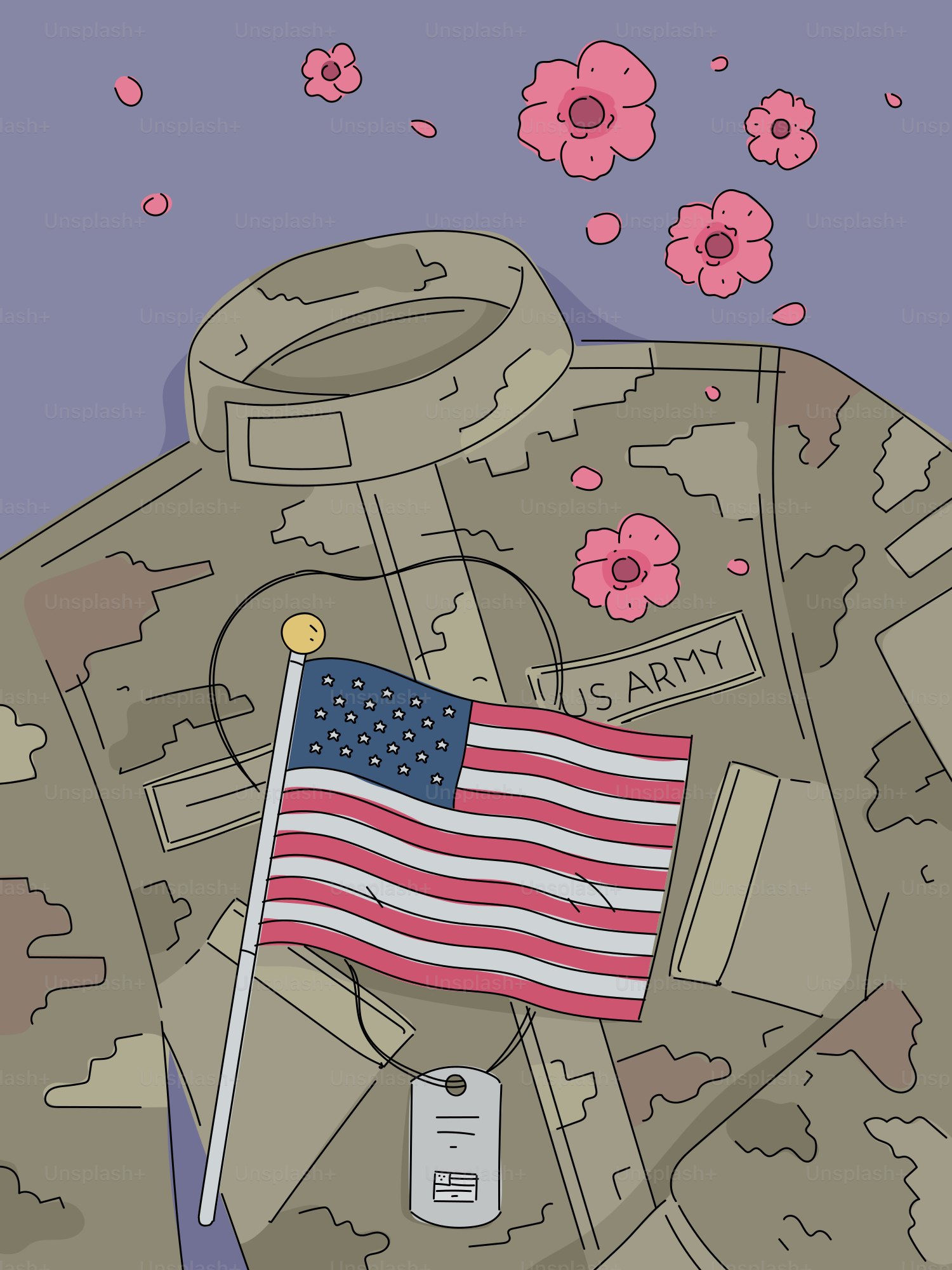 Us army uniform with american flag and flowers