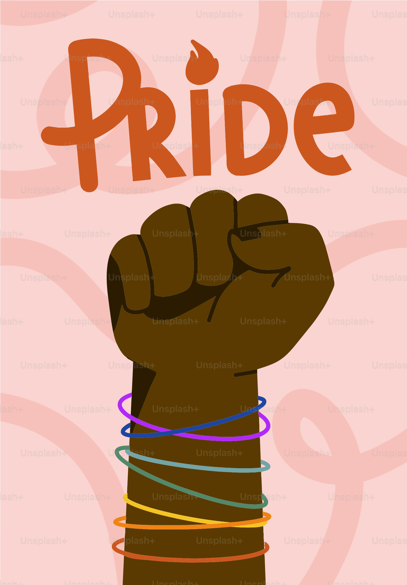 A raised fist with rainbow bracelets and the word pride.